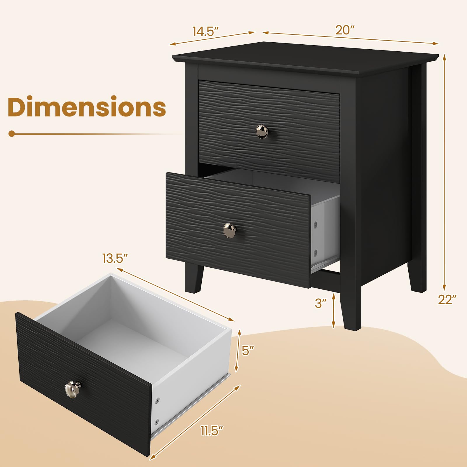 KOMFOTT 2 Drawers Nightstand Set of 1/2（20" x 14.5" x 22"）