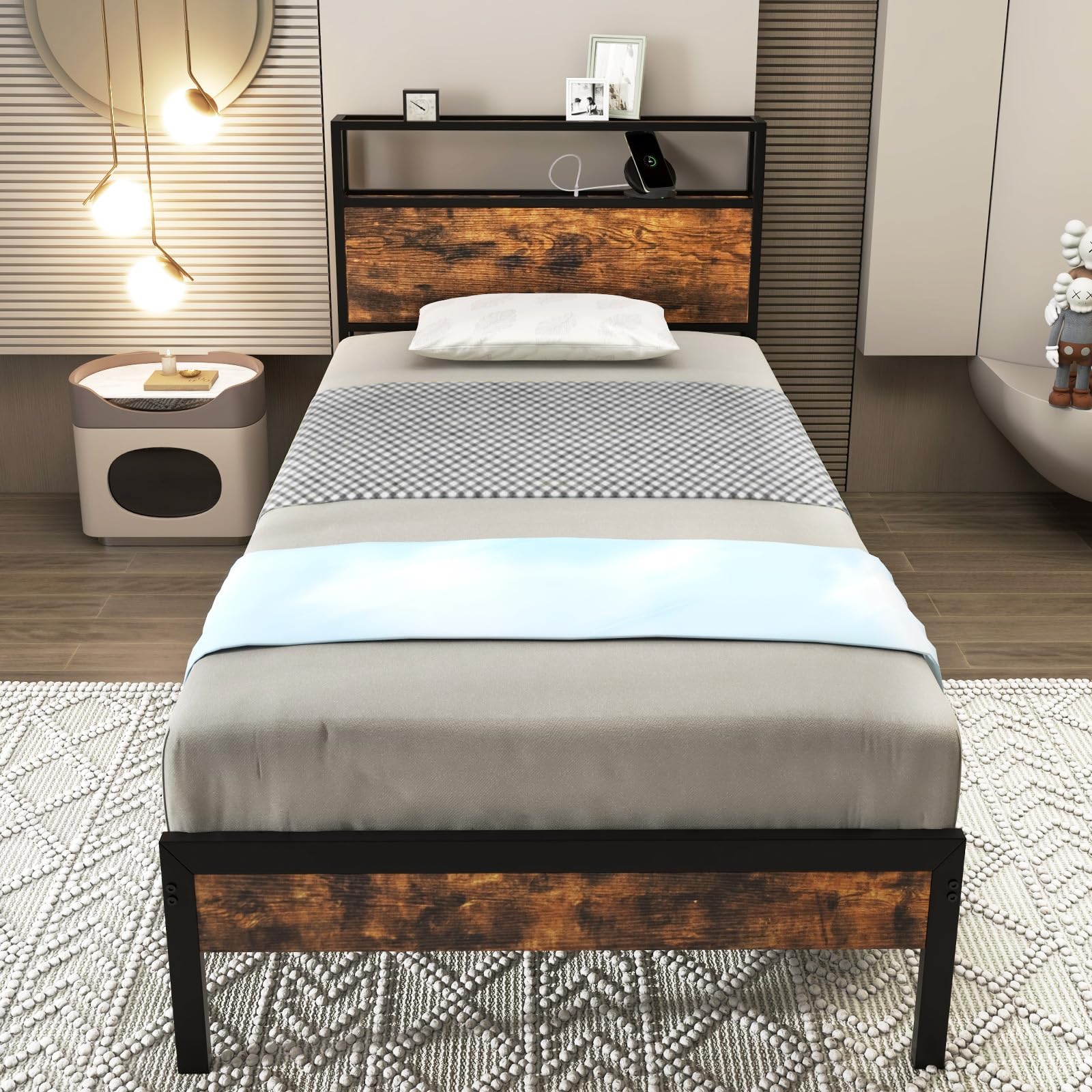 KOMFOTT Industrial Bed Frame with 2-Tier Storage Headboard & Charging Station