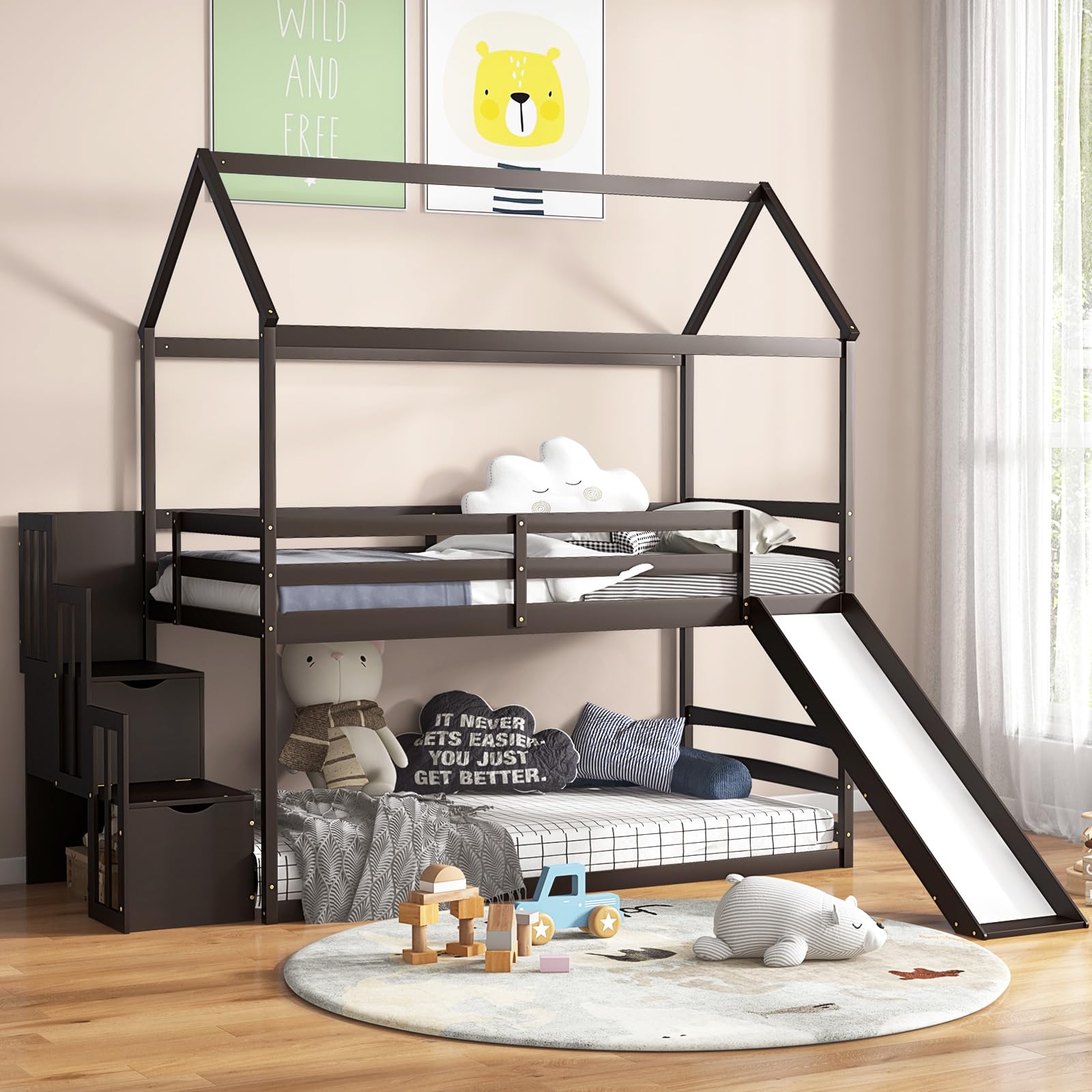 KOMFOTT Wood Twin Over Twin House Bunk Bed with Slide & Storage Staircase