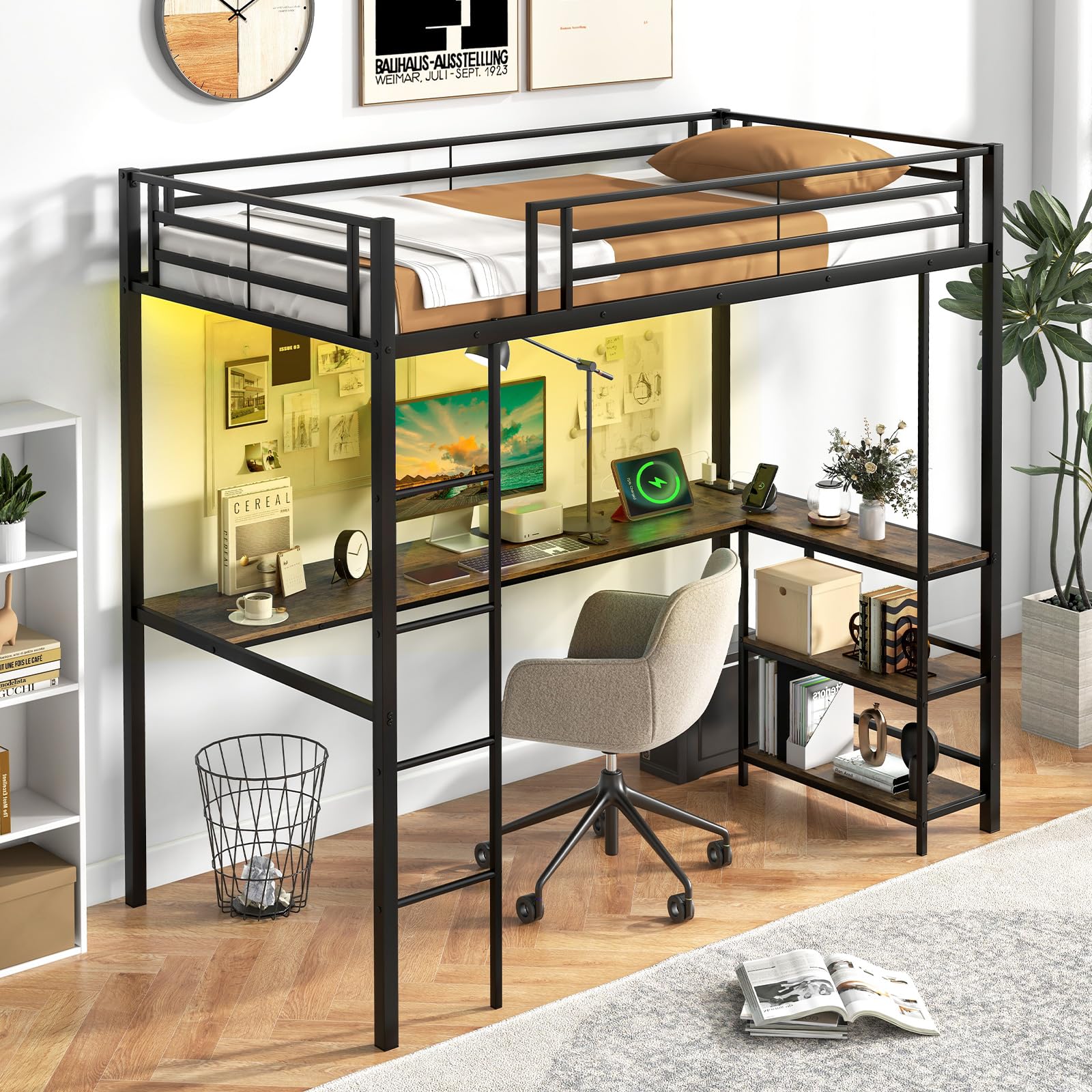 KOMFOTT Twin Size Loft Bed with L-Shaped Desk & Storage Shelves
