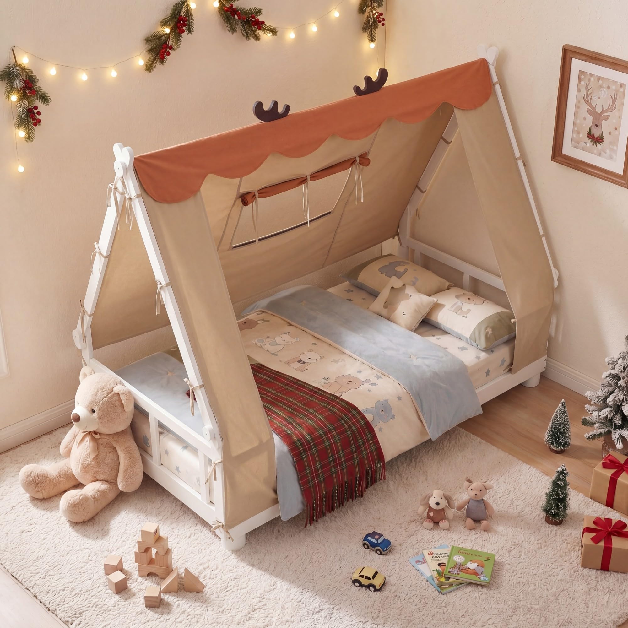 KOMFOTT Twin Floor House Bed with Tent Wood Bed Frame