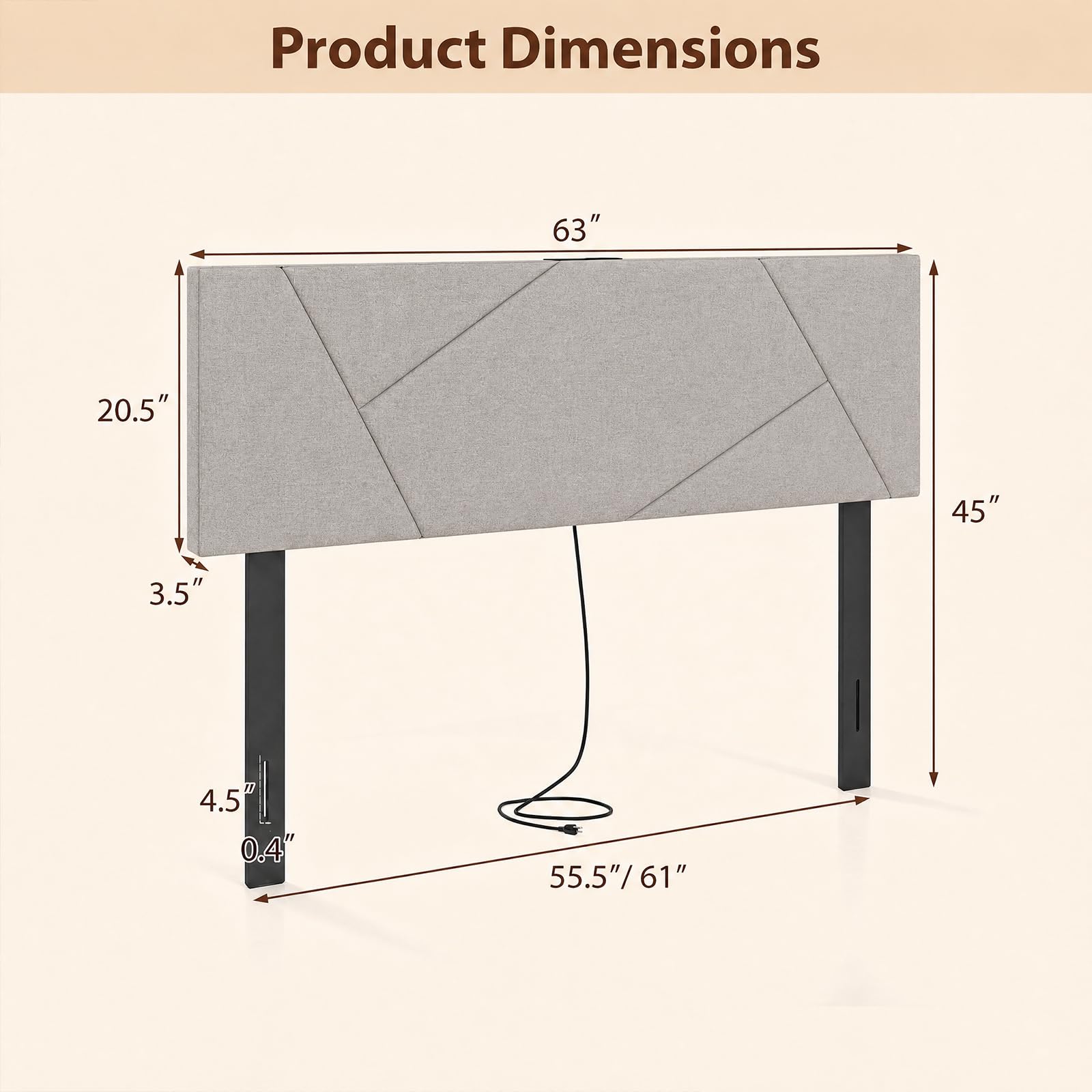 KOMFOTT Upholstered Full & Queen Headboard with Charging Station(Geometric Channel）