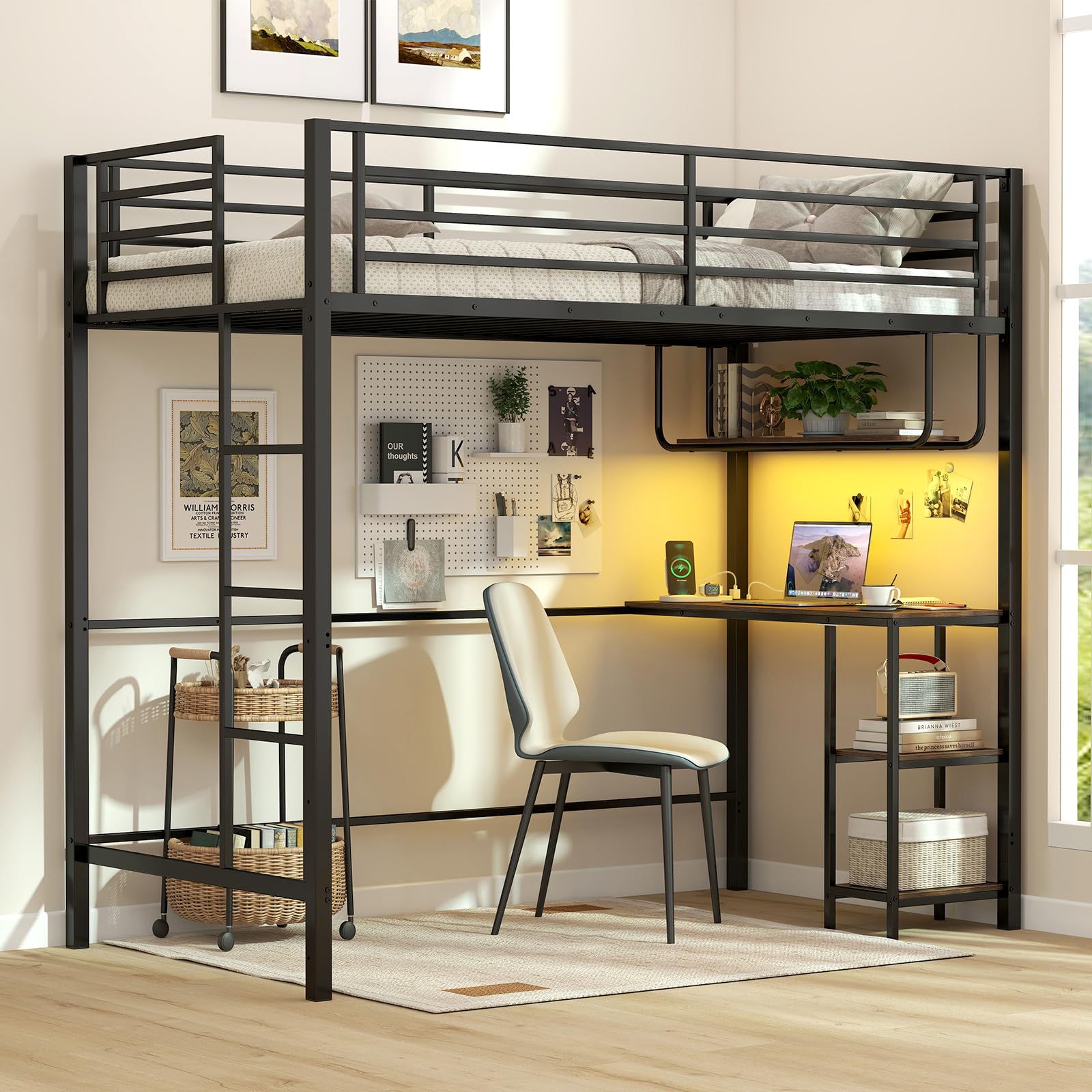 KOMFOTT Twin Loft Bed with Desk LED Lights Charging Station