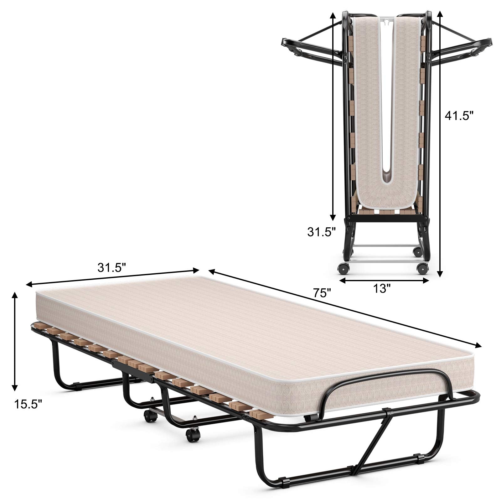KOMFOTT Folding Rollaway Bed with 4 Inch Mattress