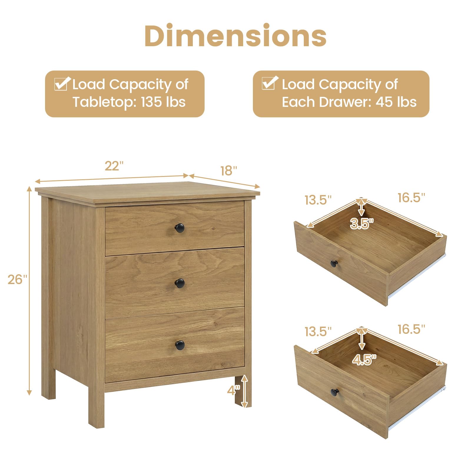 KOMFOTT 3 Drawers Nightstand Wooden Bedside Table with Ample Storage(1/2)