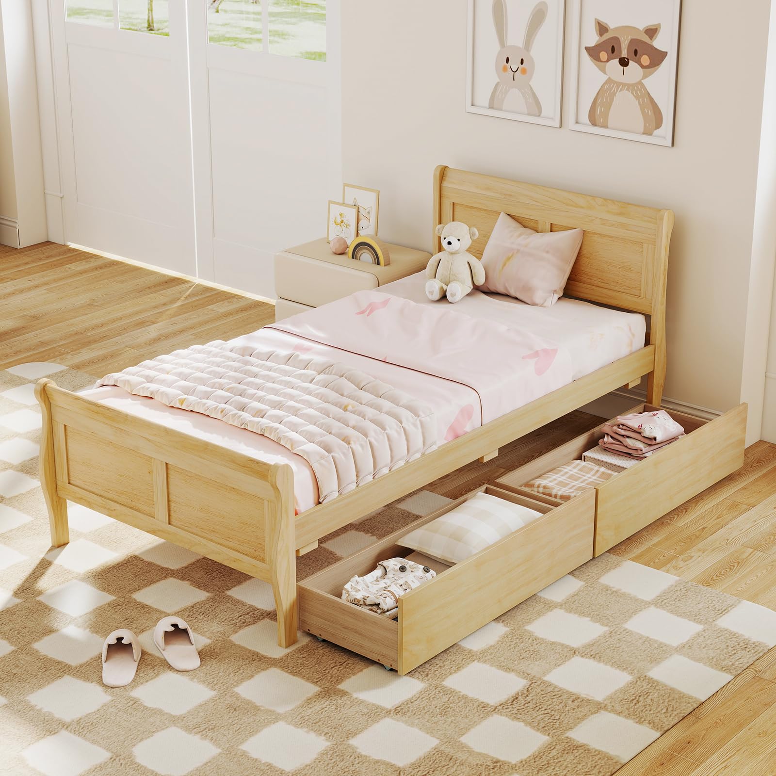 KOMFOTT Twin Size Sleigh Wood Bed Frame with 2 Storage Drawers