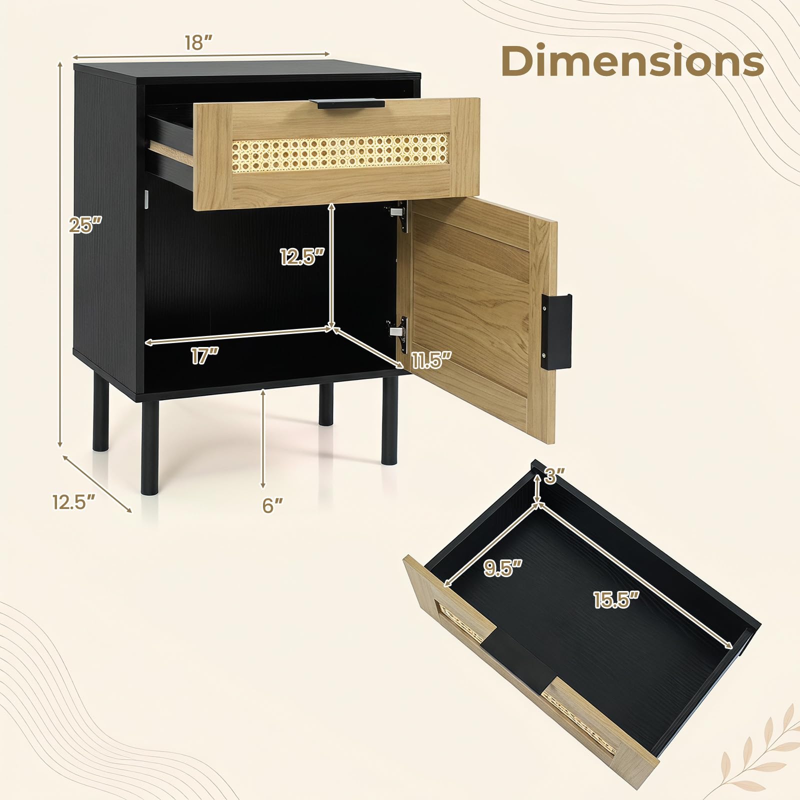KOMFOTT Set of 2 Rattan Nightstand w/Drawer & Storage Cabinet