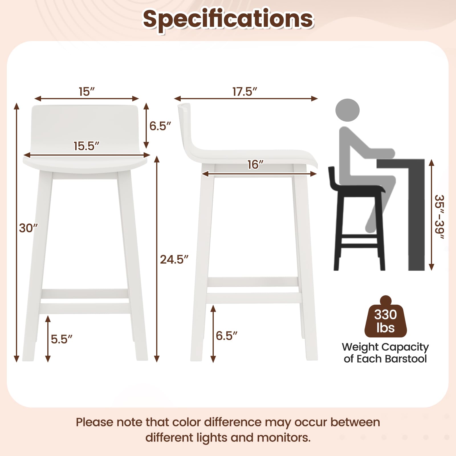 KOMFOTT Solid Wood Bar Stools Set of 2/4, Counter Height Chairs with Low Back and Footrest