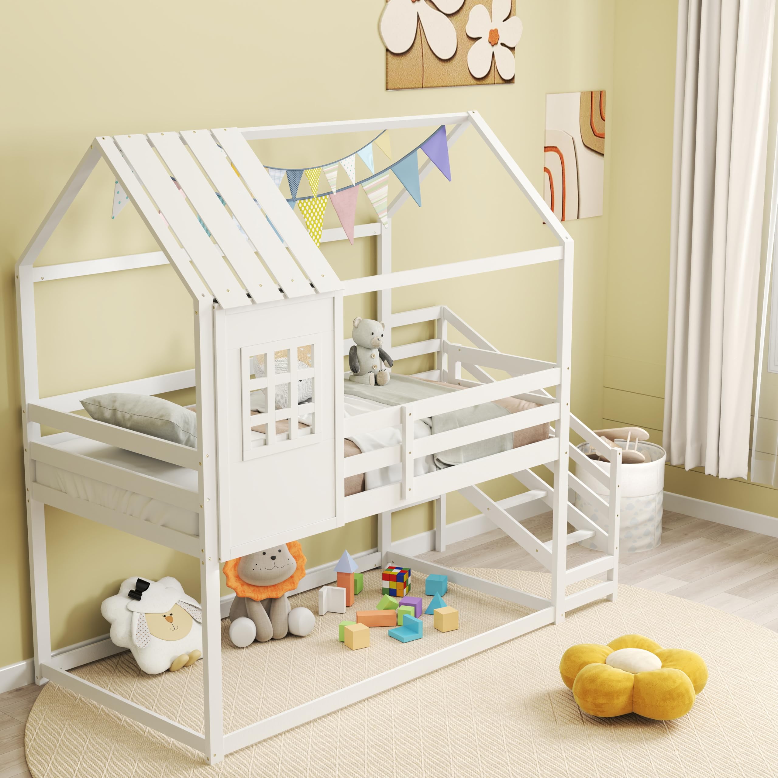 KOMFOTT Wood Twin Over Twin House Bunk Bed with Stairs