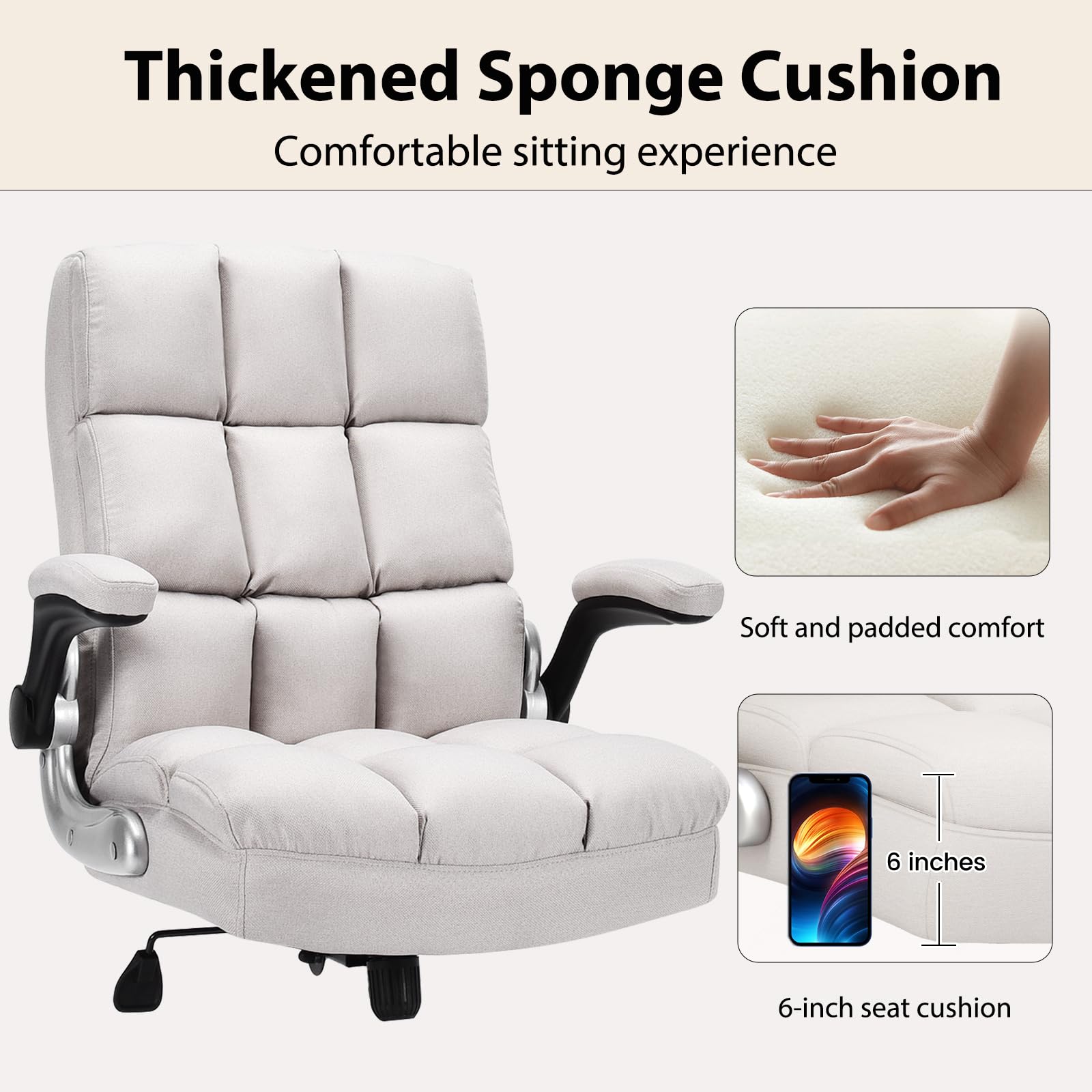 KOMFOTT Executive Office Chair, Adjustable Tilt Angle and Flip-up Armrest Linen Fabric Upholstered Chair with Thick Padding