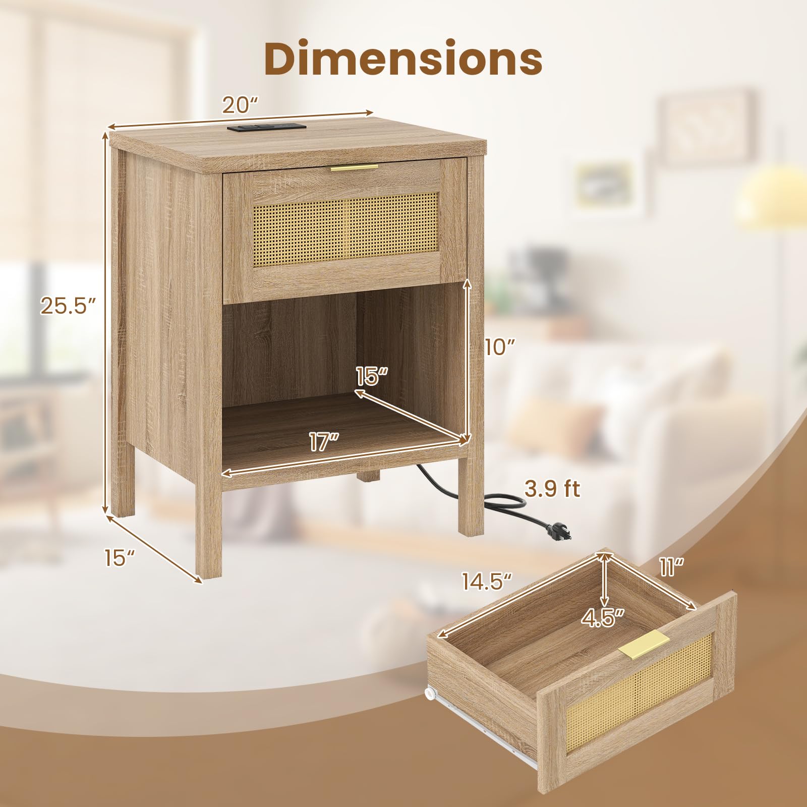 KOMFOTT Rattan Nightstand with Charging Station