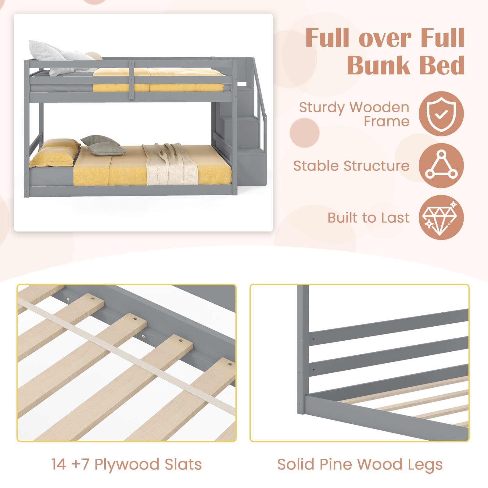 KOMFOTT Bunk Bed with Stairs, Solid Wood Floor Bunk Bed with Storage Staircase & Full-Length Guardrails