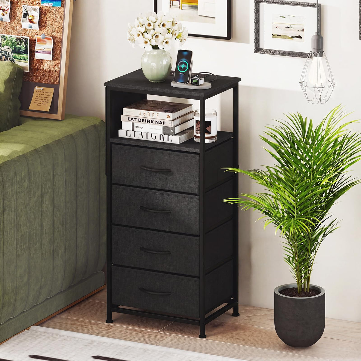 KOMFOTT 1/2 Nightstand with Integrated Charging Station 34" Tall Modern End Table(4 Drawers)