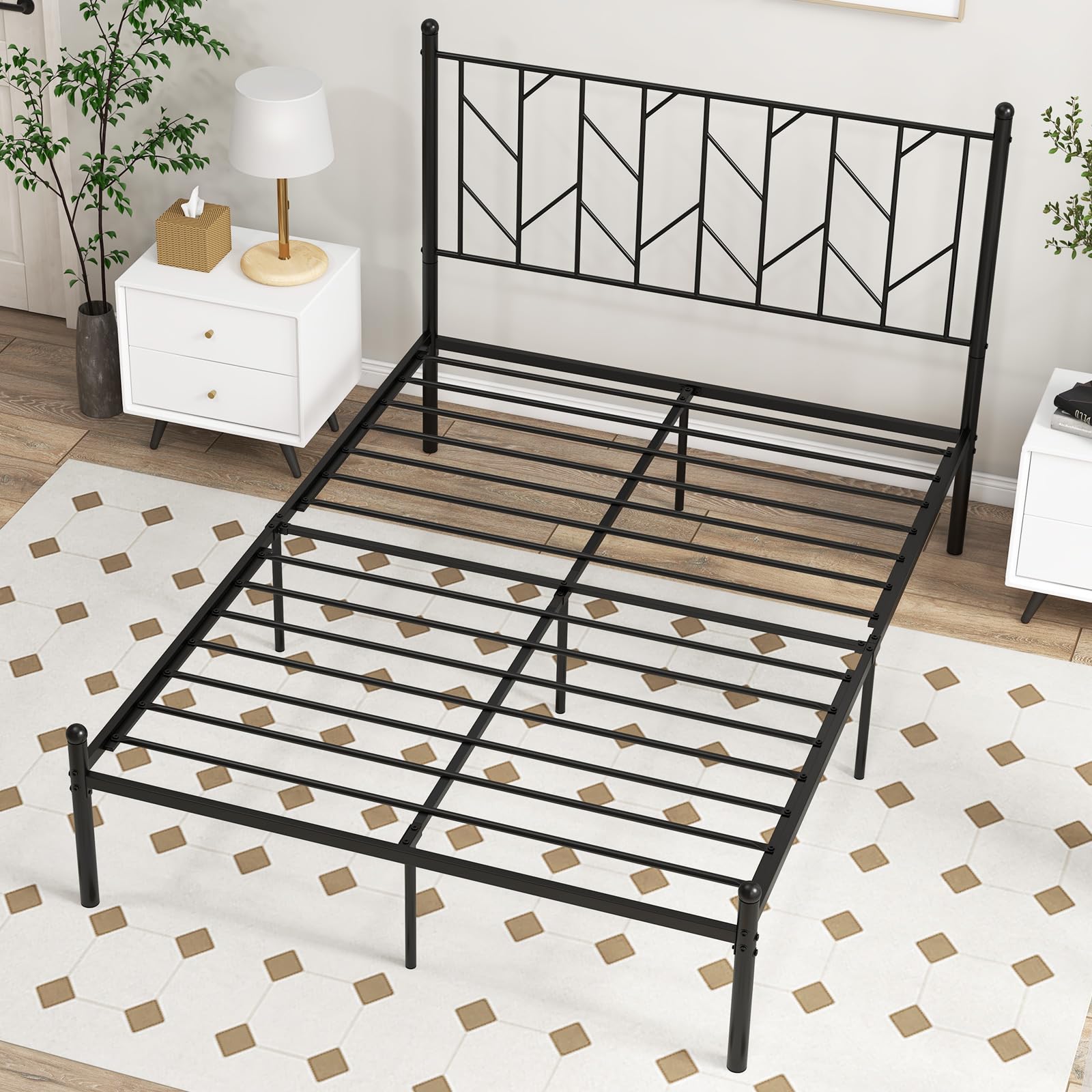 KOMFOTT Metal Bed Frame with Victorian Style Headboard, 14 Metal Slats Support