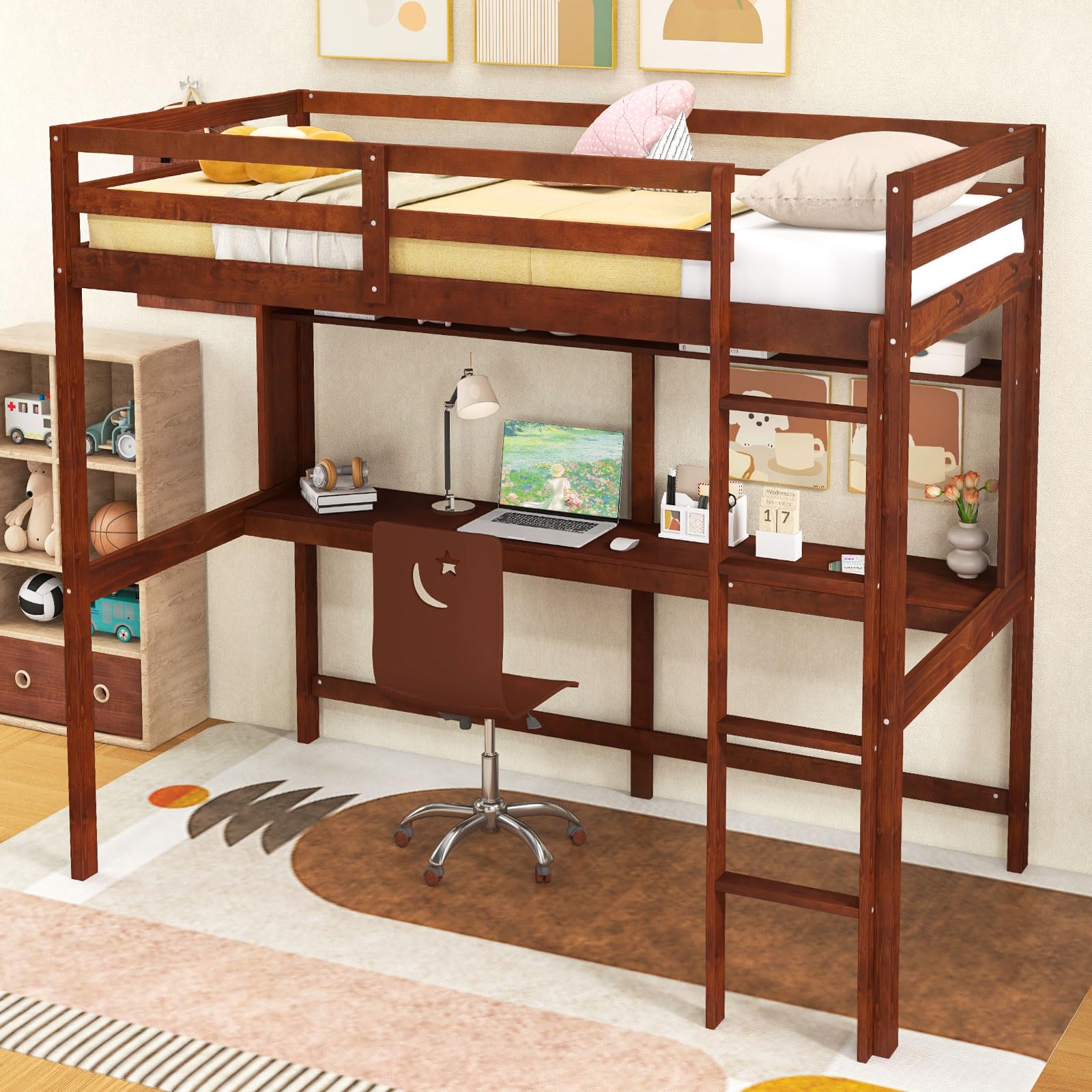 KOMFOTT Twin Loft Bed with Desk Wood Loft Beds for Kids