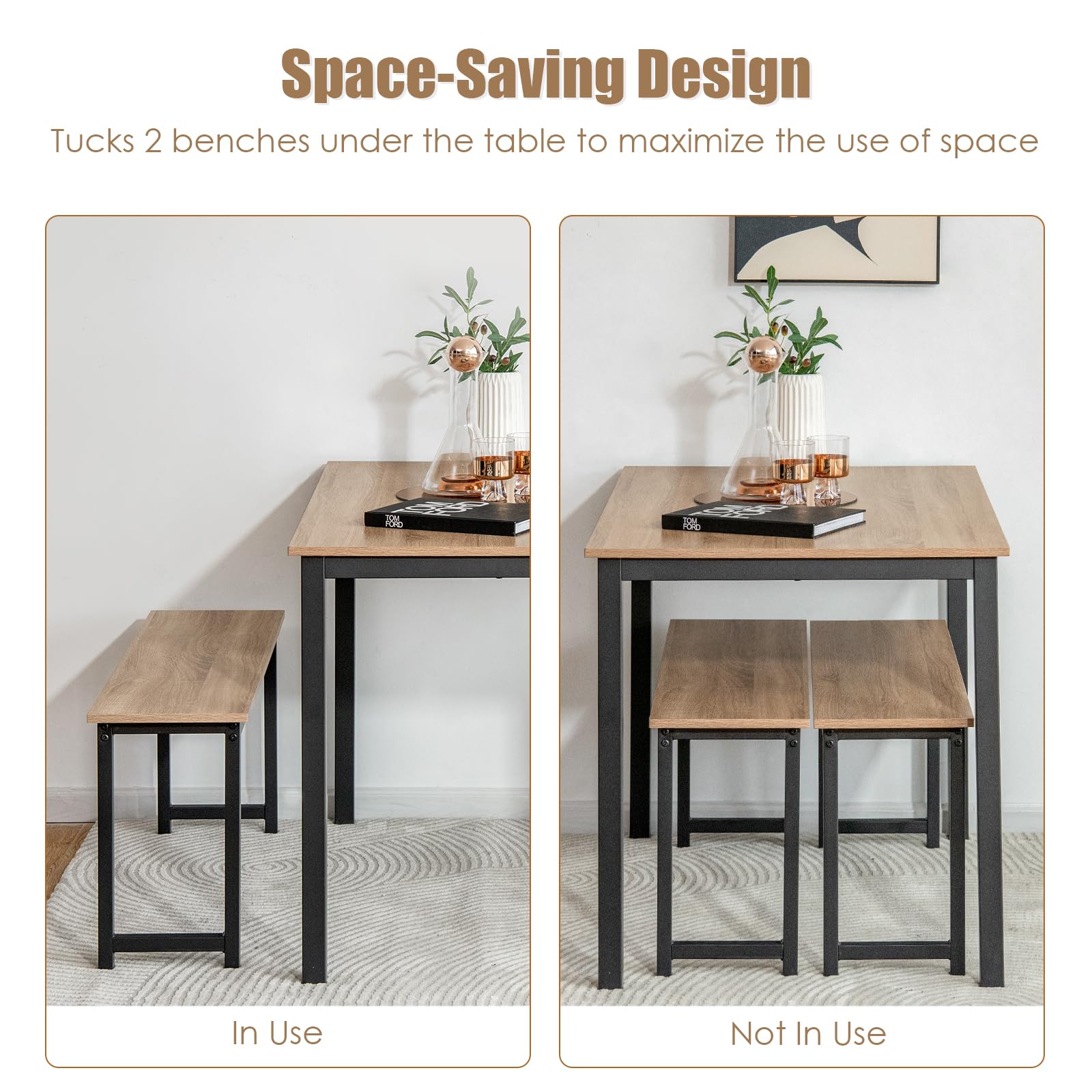 KOMFOTT Dining Table Set for 4, 3-Piece Kitchen Table with 2 Benches