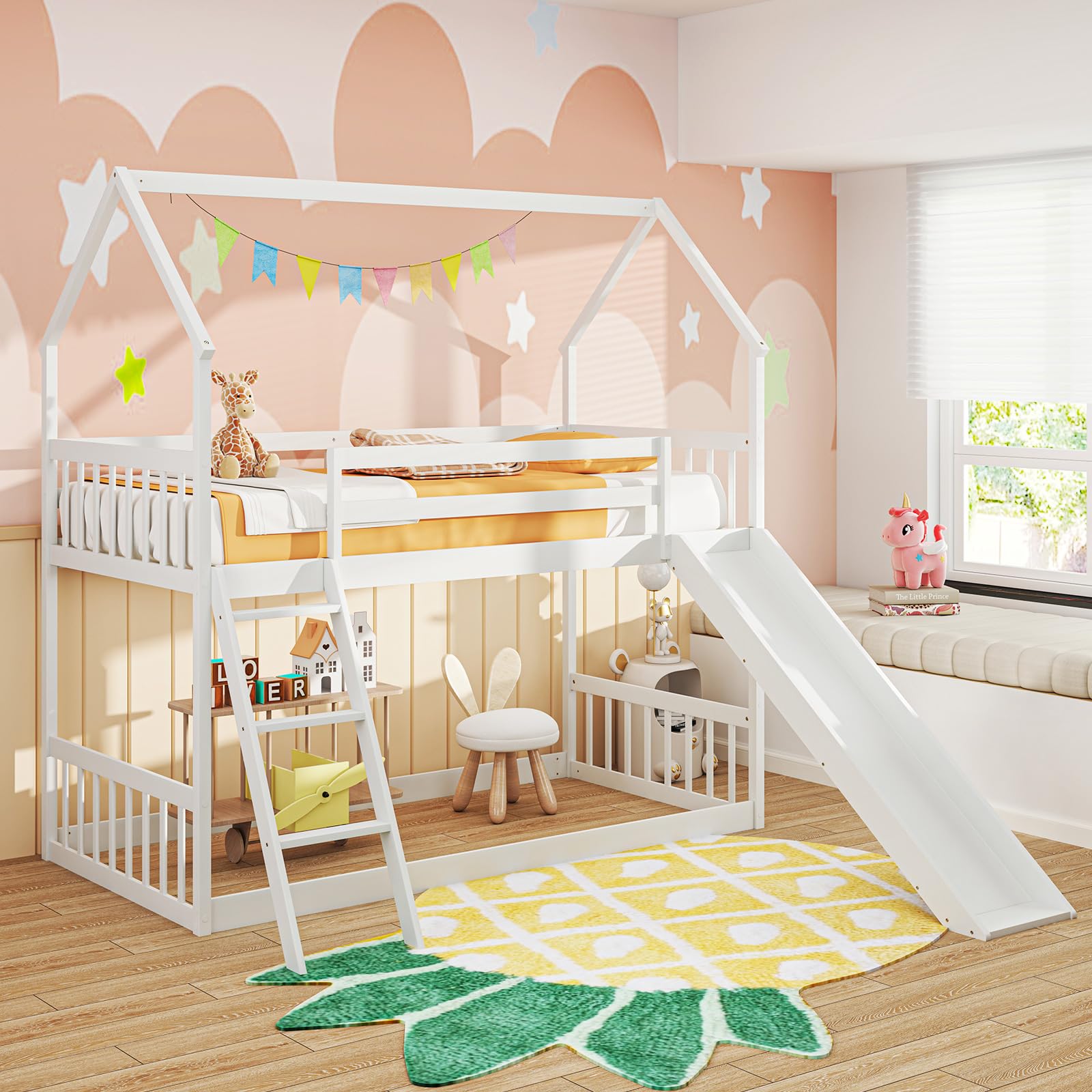 KOMFOTT Wood Twin Over Twin House Bunk Bed(White)