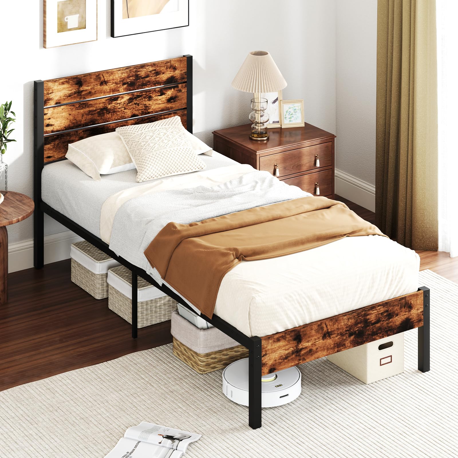 KOMFOTT  Metal Bed Frame Industrial Platform Bed Frame with Headboard