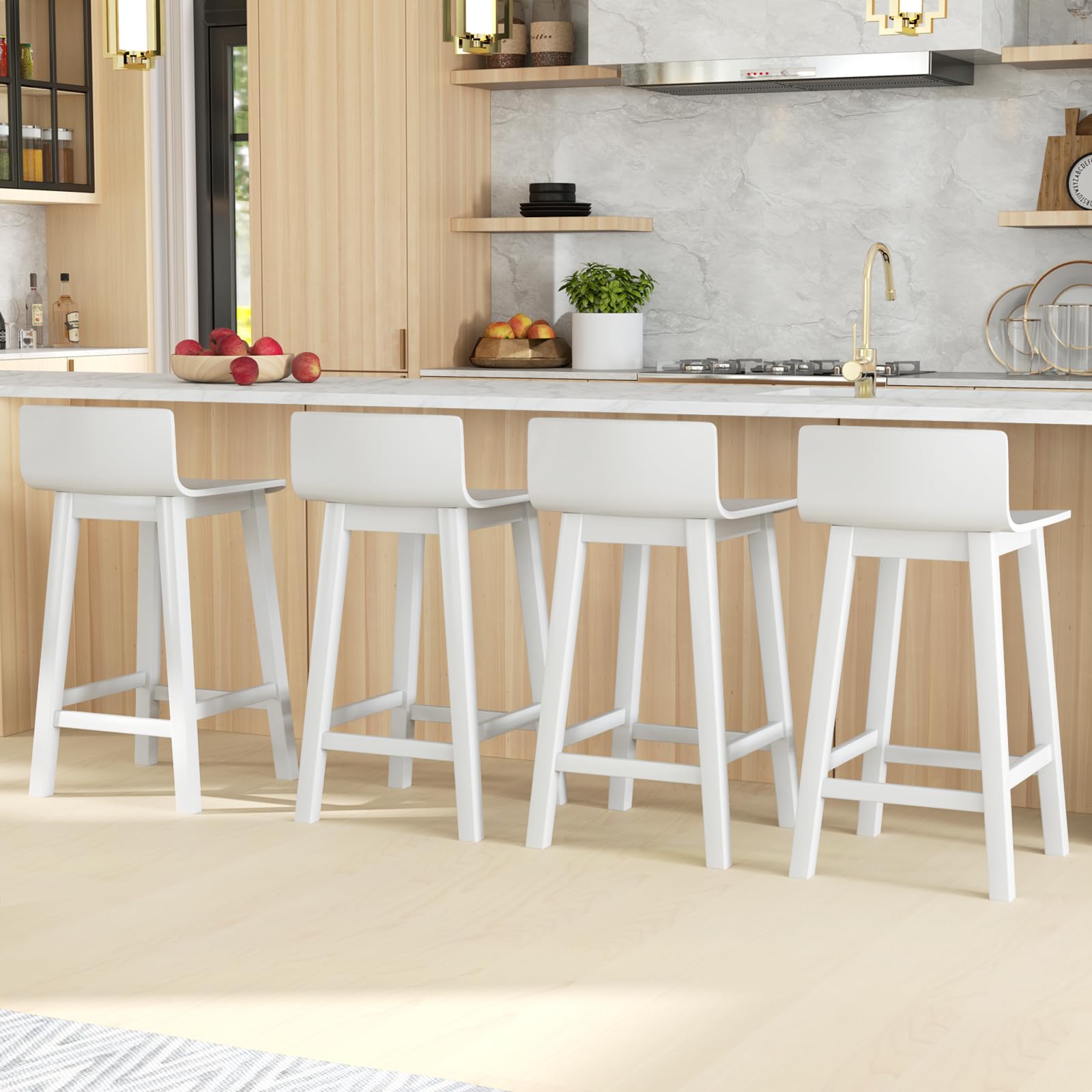 KOMFOTT Solid Wood Bar Stools Set of 2/4, Counter Height Chairs with Low Back and Footrest