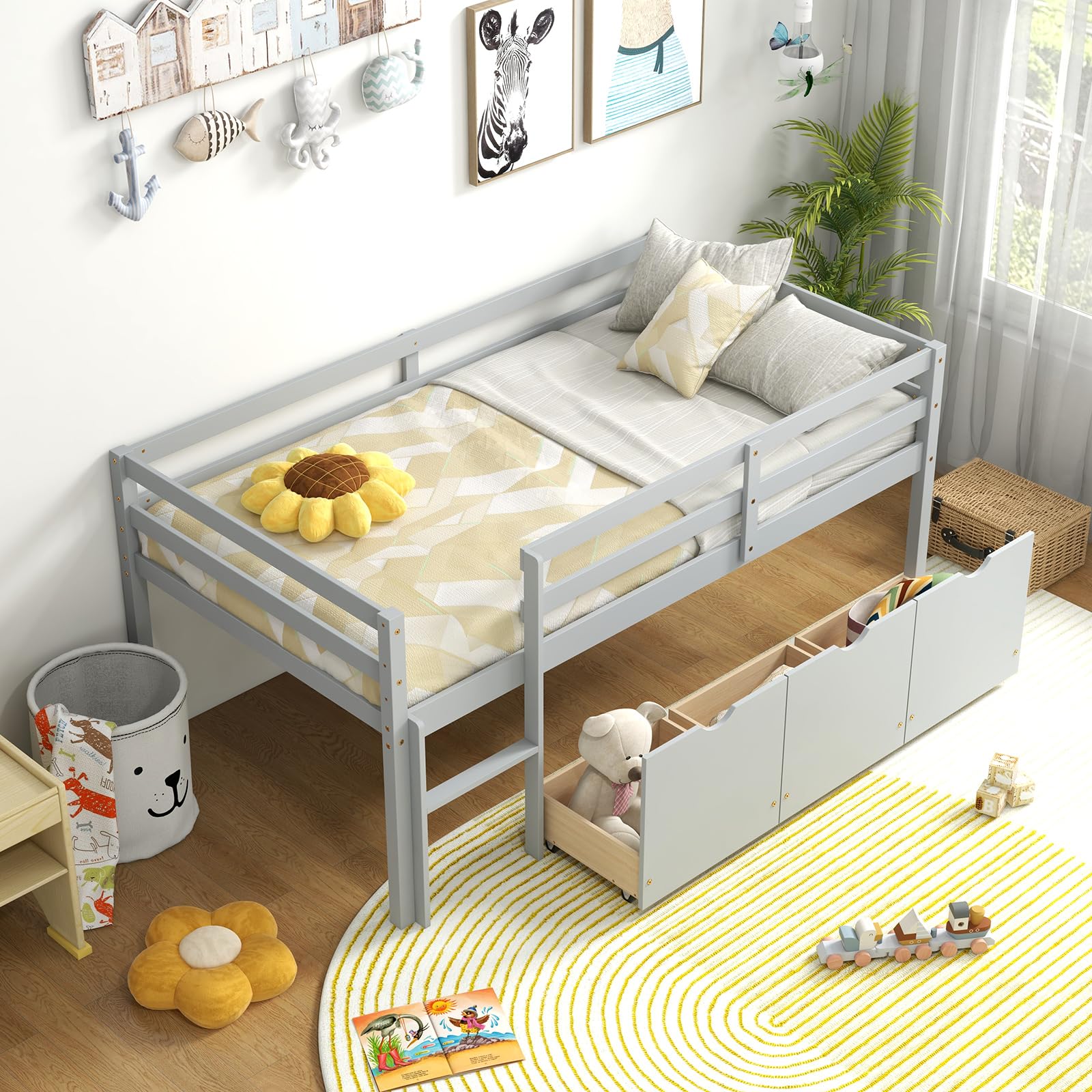 KOMFOTT Twin Low Loft Bed with 3 Storage Drawers