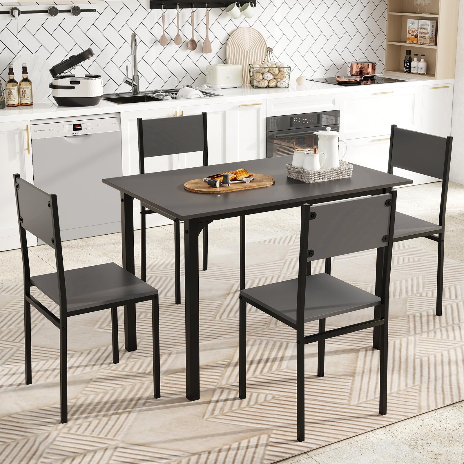 KOMFOTT 5-Piece Dining Table Set, Industrial Kitchen Table and Chairs for 4 with Backrest and Metal Frame