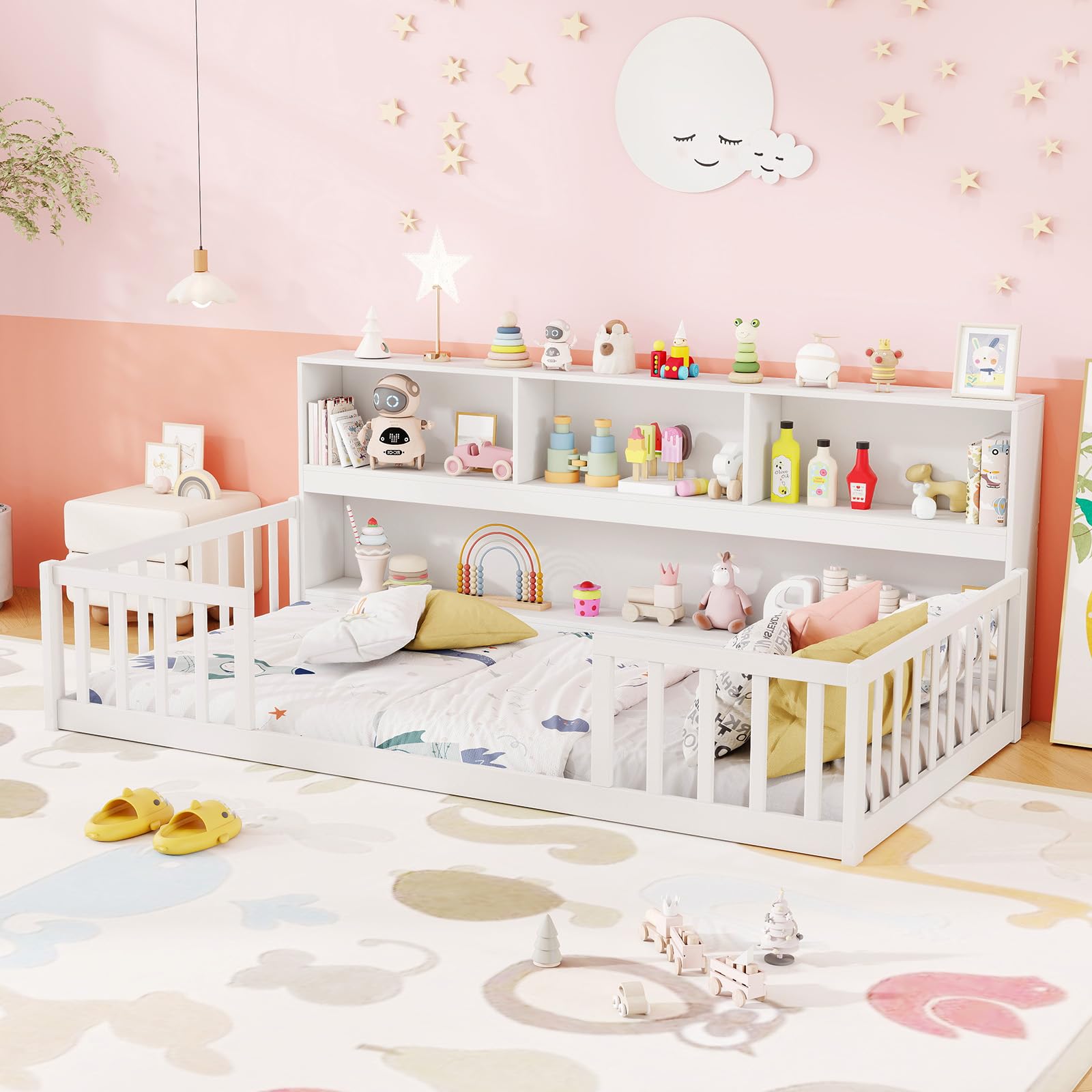 KOMFOTT Twin Floor Bed with Bookcase & Shelves