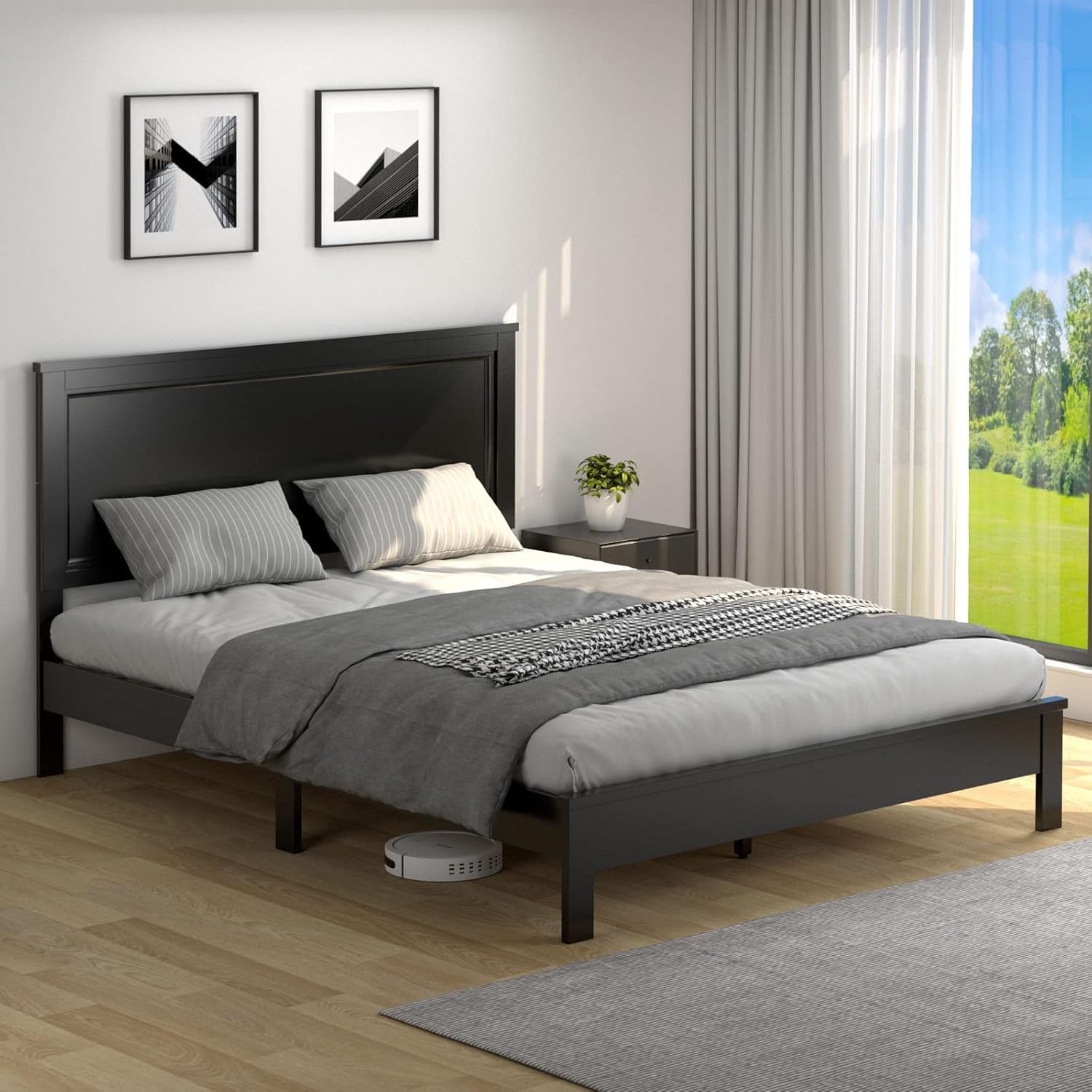 KOMFOTT Queen Size Wood Platform Bed Frame with Headboard