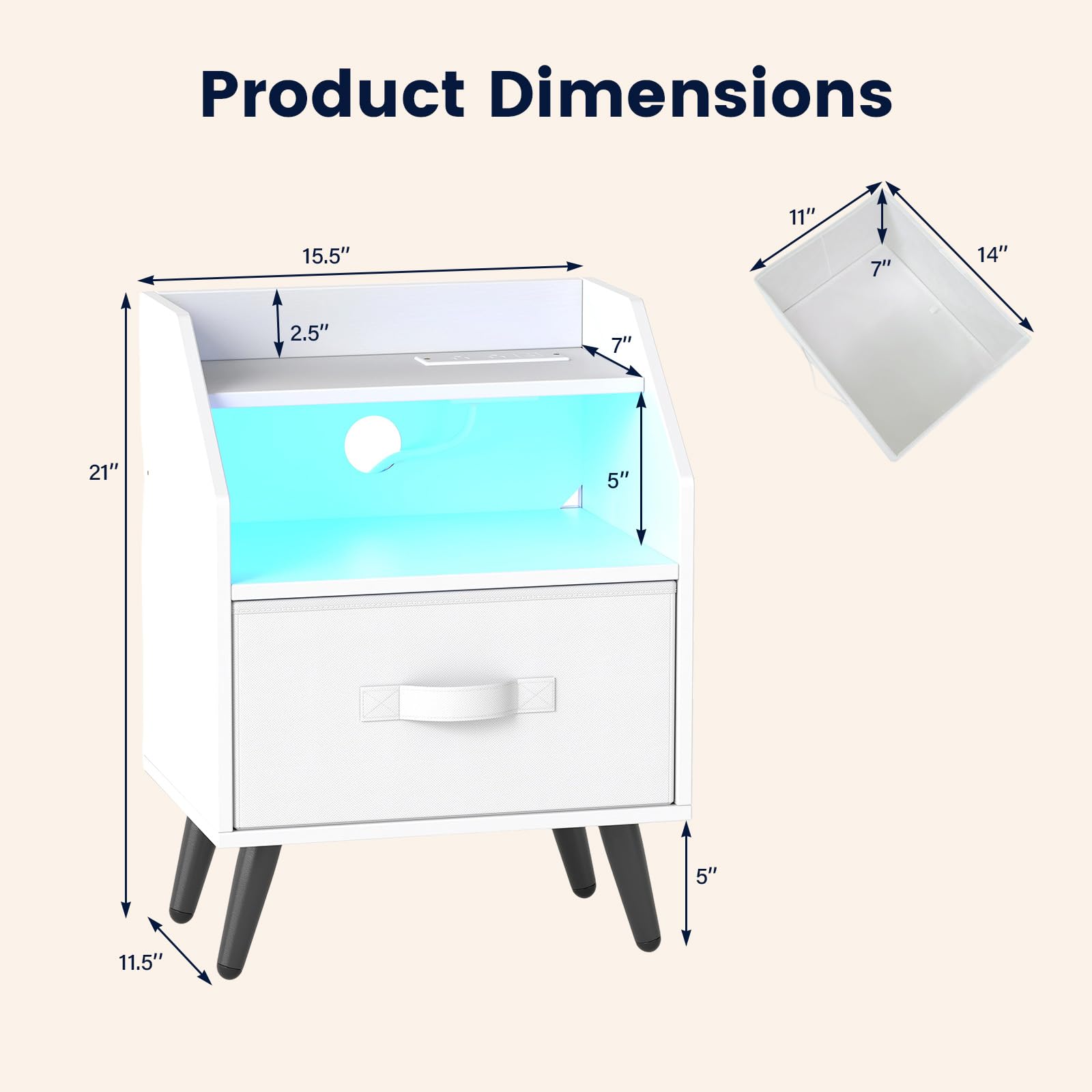 KOMFOTT Nightstand with LED Lights Charging Station & Fabric Drawer(1/2)