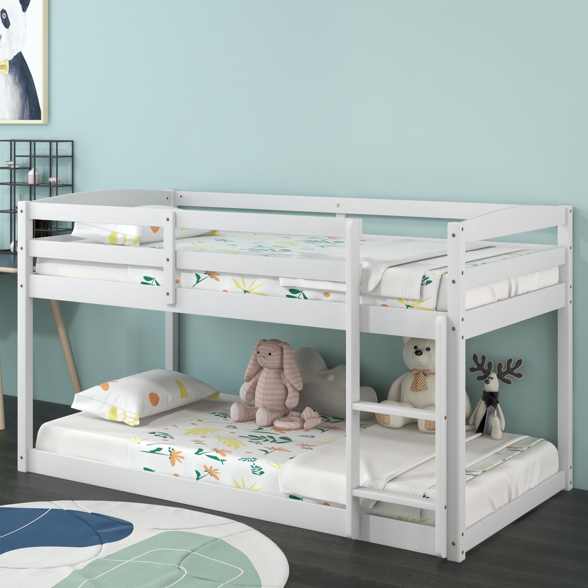 KOMFOTT Twin Over Twin Solid Wood  Low Bunk Bed with Built-in Ladder & Safety Guardrails