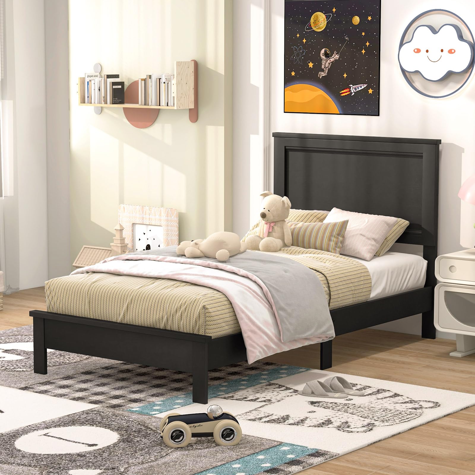 KOMFOTT Mid-Century Modern Platform Bed with Headboard, Solid Wood Legs