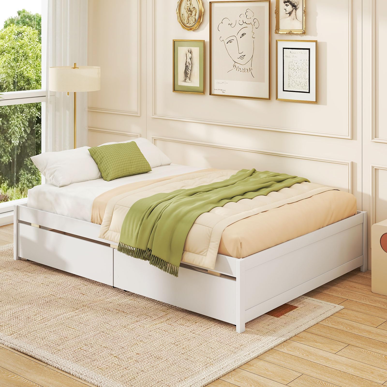 KOMFOTT Bed Frame with 2 Storage Drawers, Solid Wood Platform Bed with Slats Support