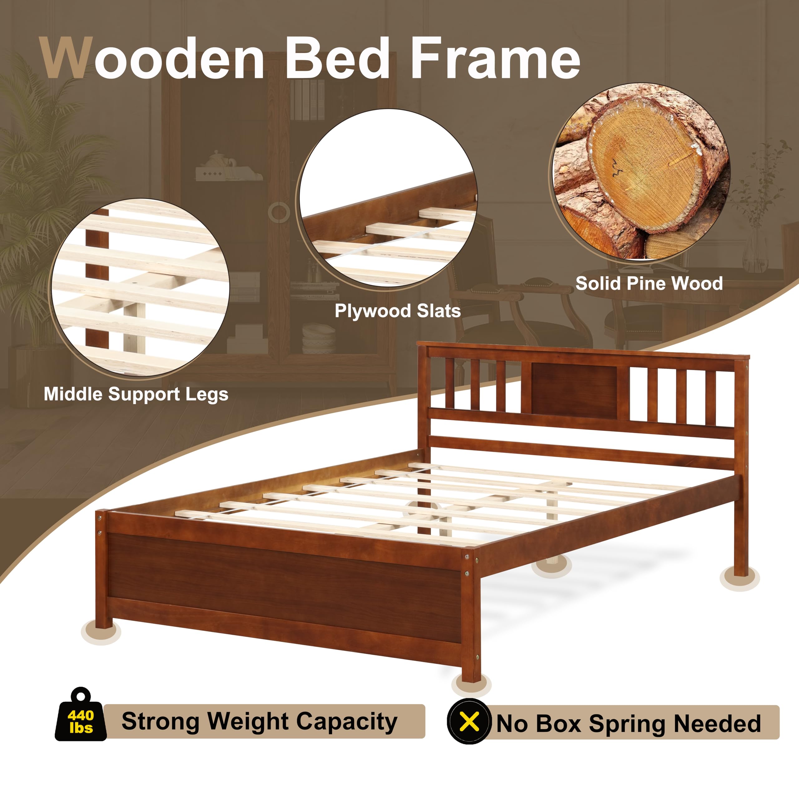KOMFOTT Twin/Full/Queen Size Wood Platform Bed Frame with Headboard