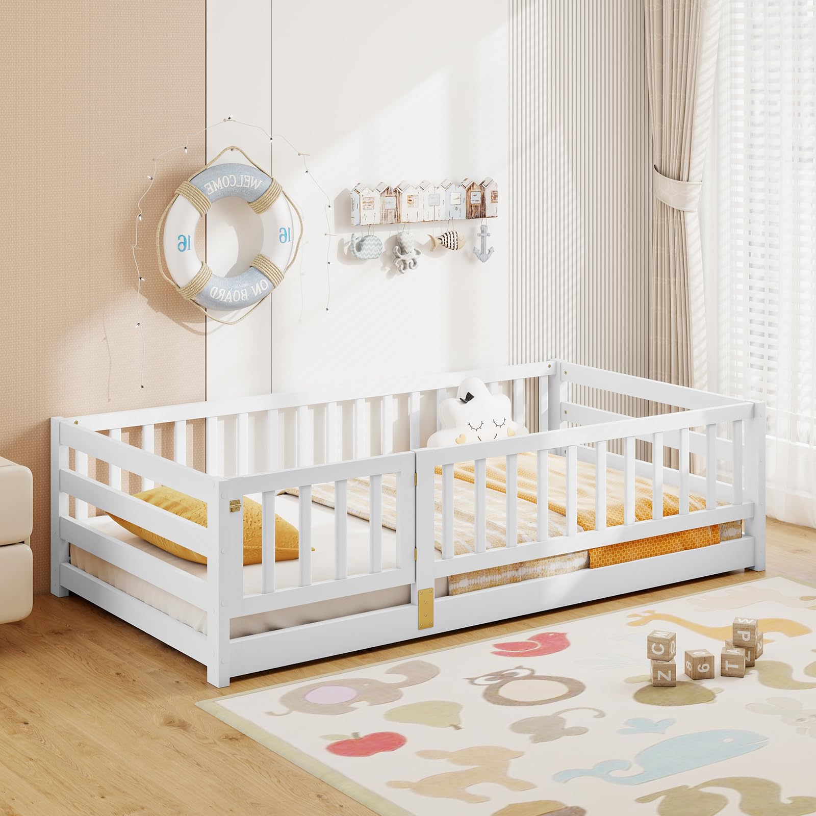 KOMFOTT Twin Size Wood Floor Bed with Door & 21.5” Fence