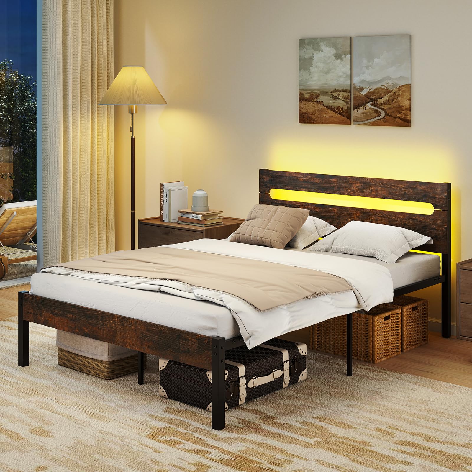 KOMFOTT Full Metal Bed Frame with Headboard & Charging Station