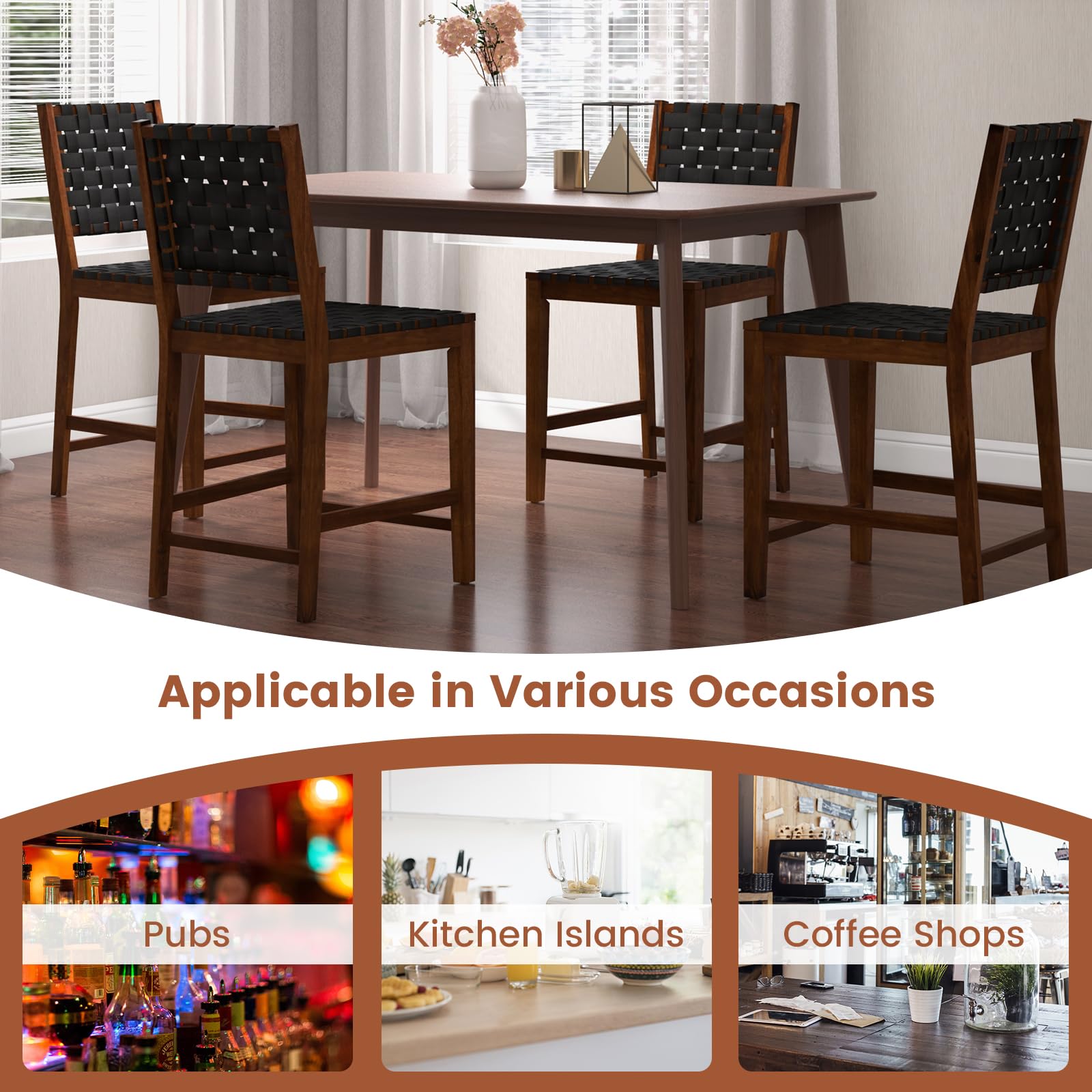 KOMFOTT 24" Counter Height Bar Stools Set of 2/4, Solid Wood Woven Rustic Barstools w/Faux PU Leather Straps