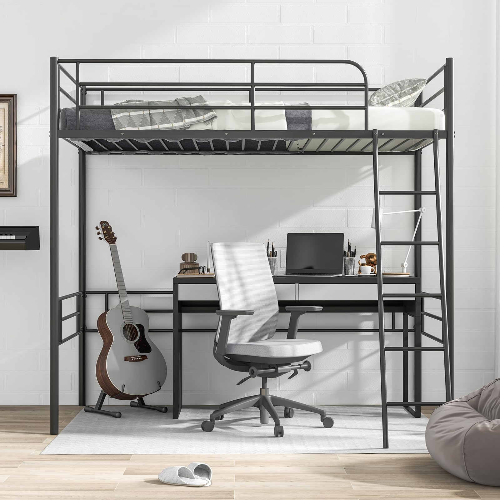 KOMFOTT Twin Metal Loft Bed Frame with Ladder