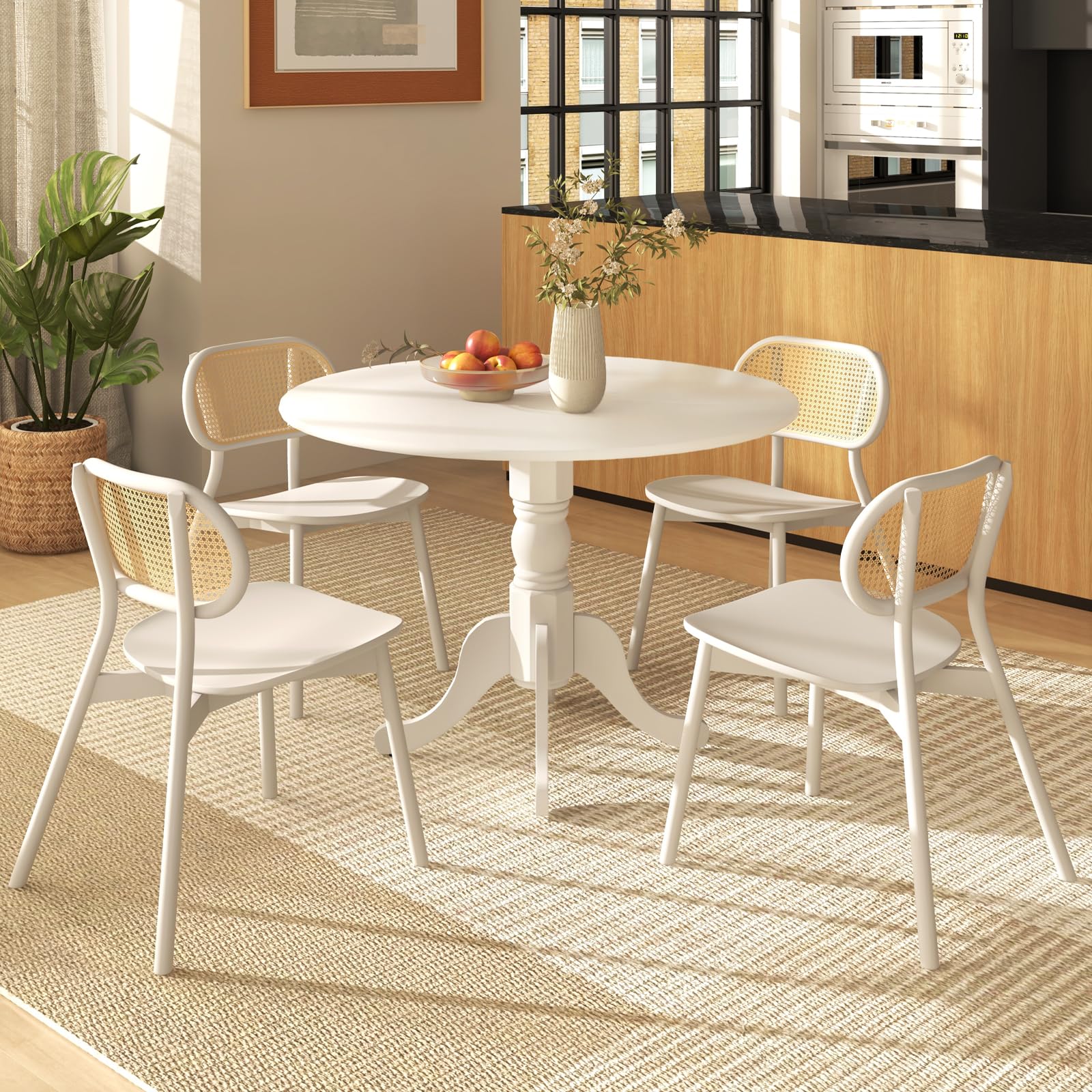 KOMFOTT Wood Round Dining Table for 4 People with Round Tabletop & Curved Trestle Legs