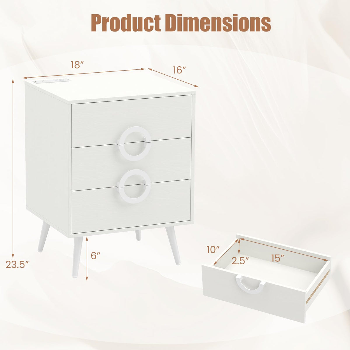 KOMFOTT Nightstand with 3 Drawers Bedside Table w/ Charging Station(18" x 16" x 23.5")