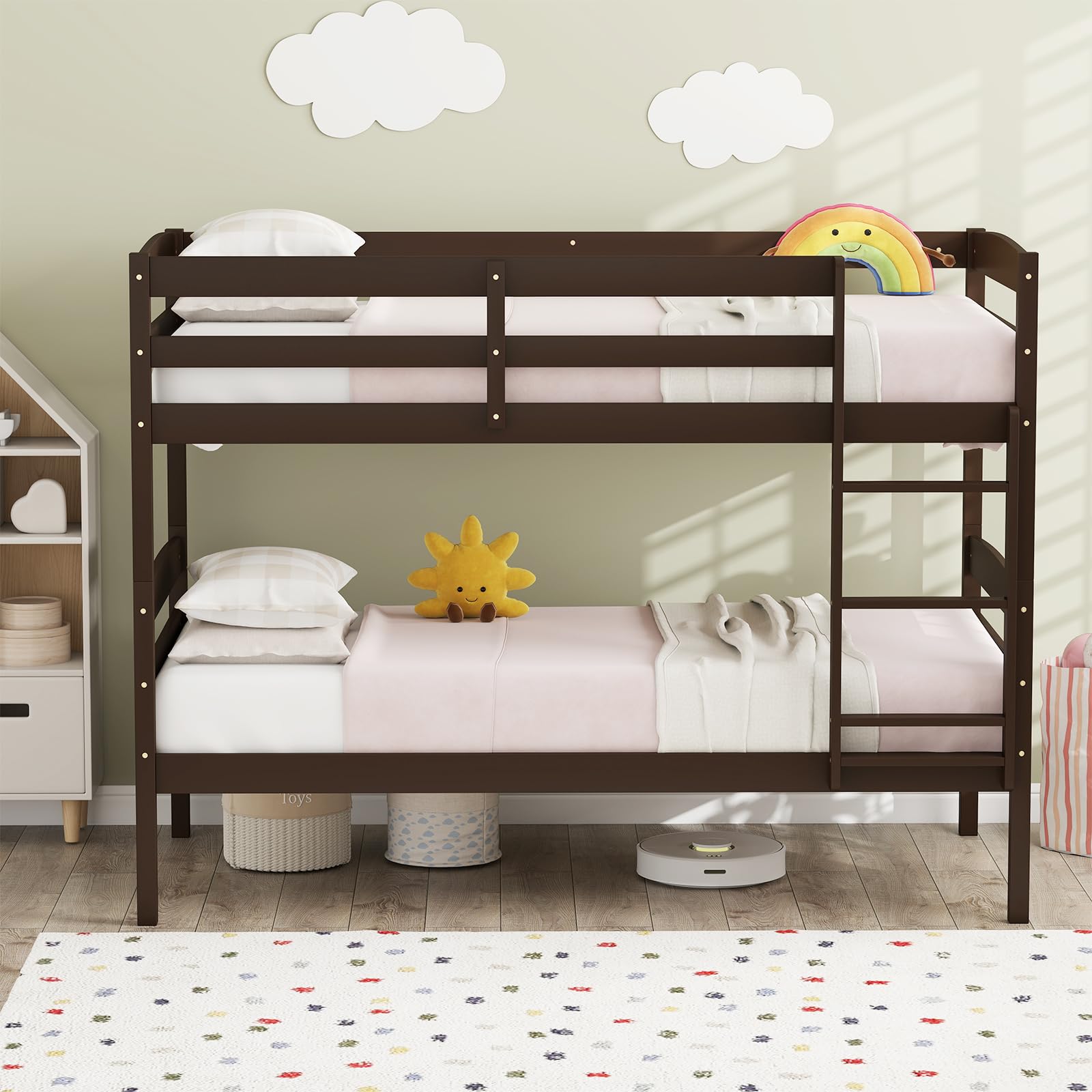 KOMFOTT Twin Over Twin Wood Bunk Bed, Converts to 2 Individual Beds