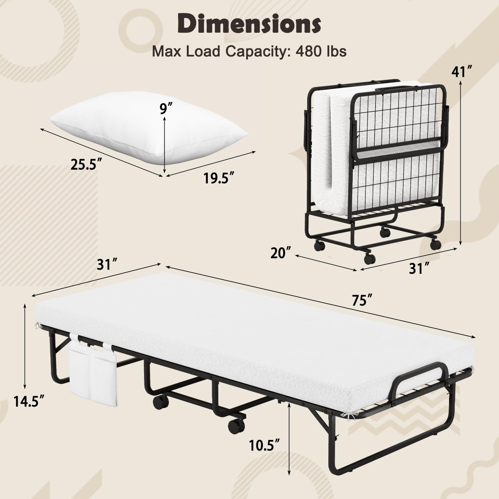 KOMFOTT Cot Size Folding Bed with Memory Foam Mattress & Pillow（75” x 31”）