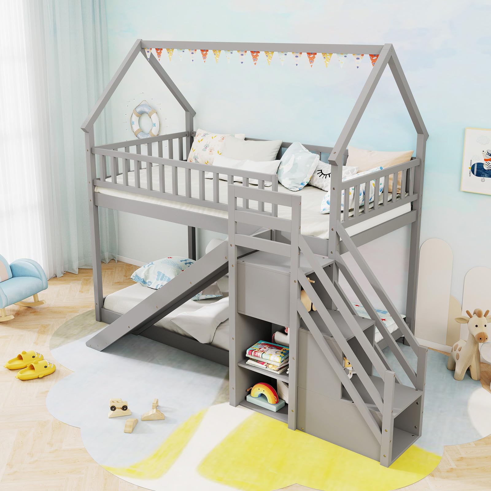 KOMFOTT Twin Over Twin  Wood House Bunk Bed with Slide & Stairs, Storage Shelves