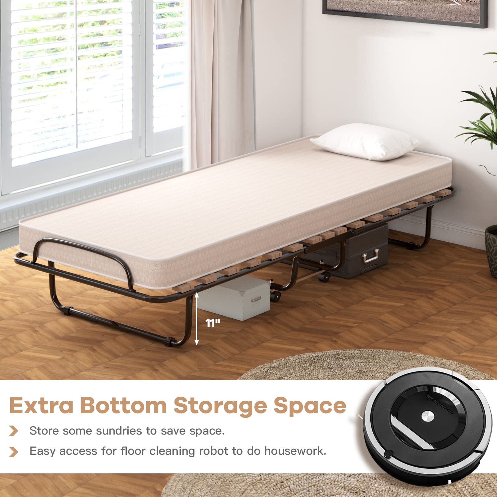 KOMFOTT Folding Bed with Mattress for Adults, Rollaway Guest Beds w/Memory Foam Mattress & Metal Frame