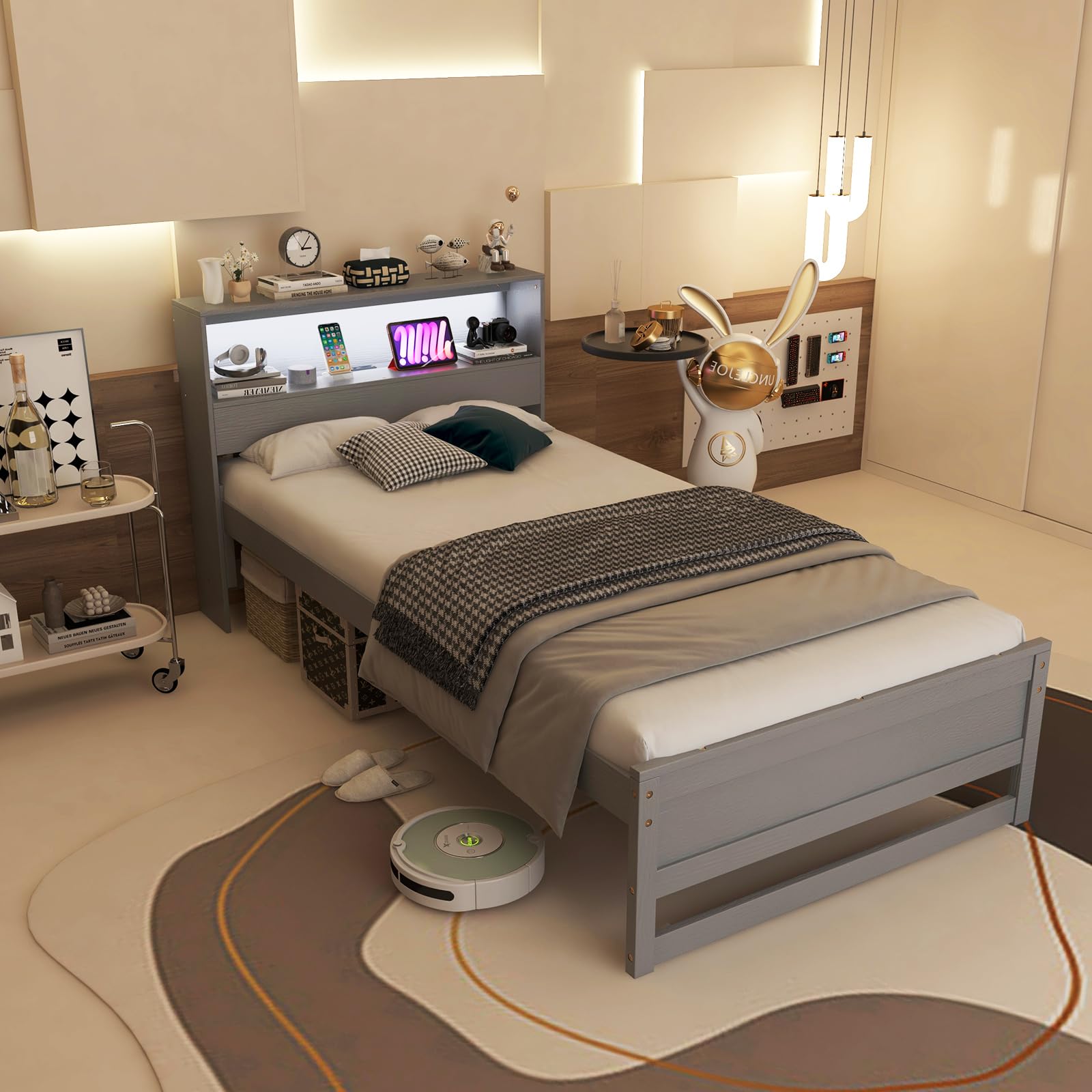 KOMFOTT Twin Size Wood Platform Bed Frame with Charging Station & LED Light