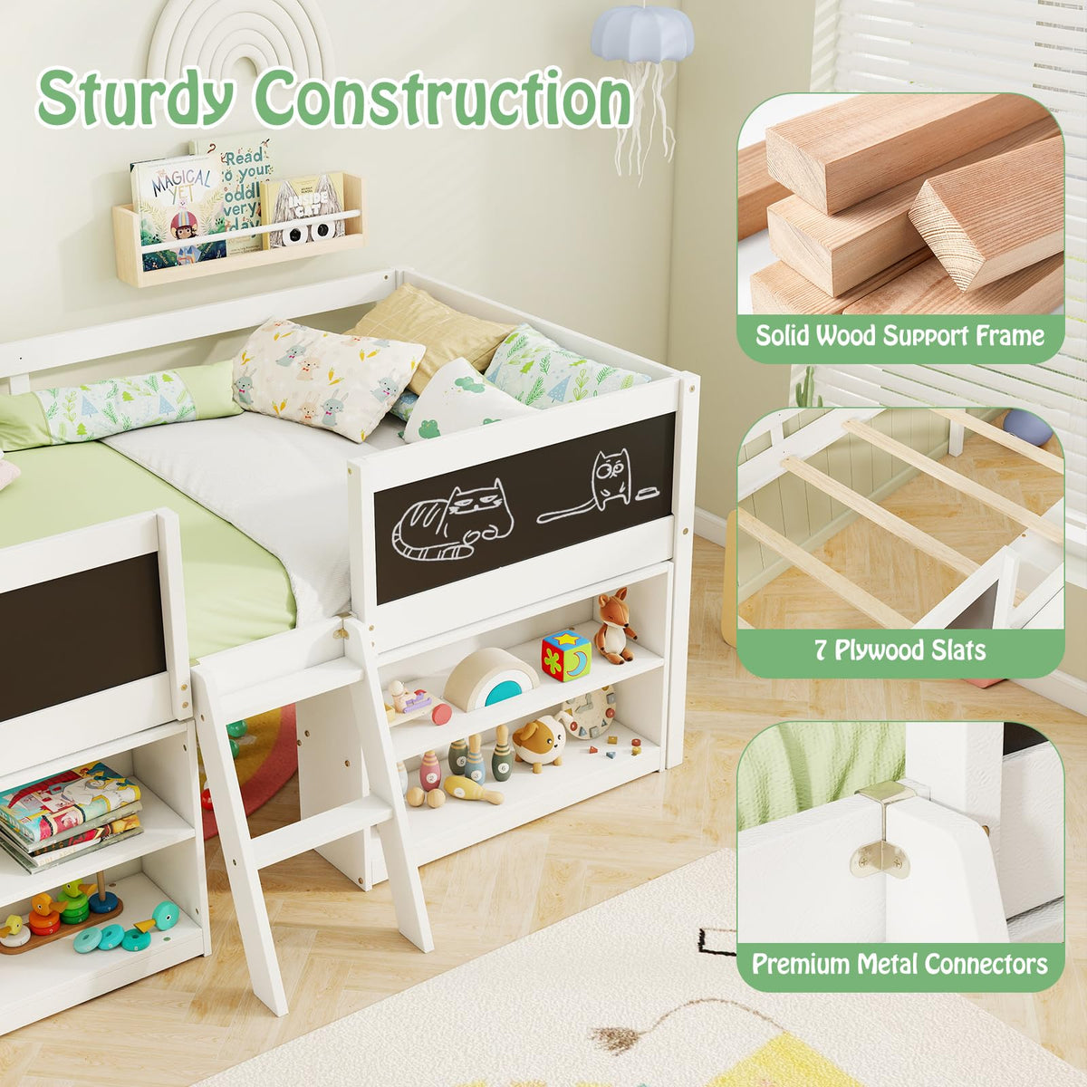 KOMFOTT Twin Size Low Loft Bed with Movable Storage Shelves, Chalkboard & Ladder