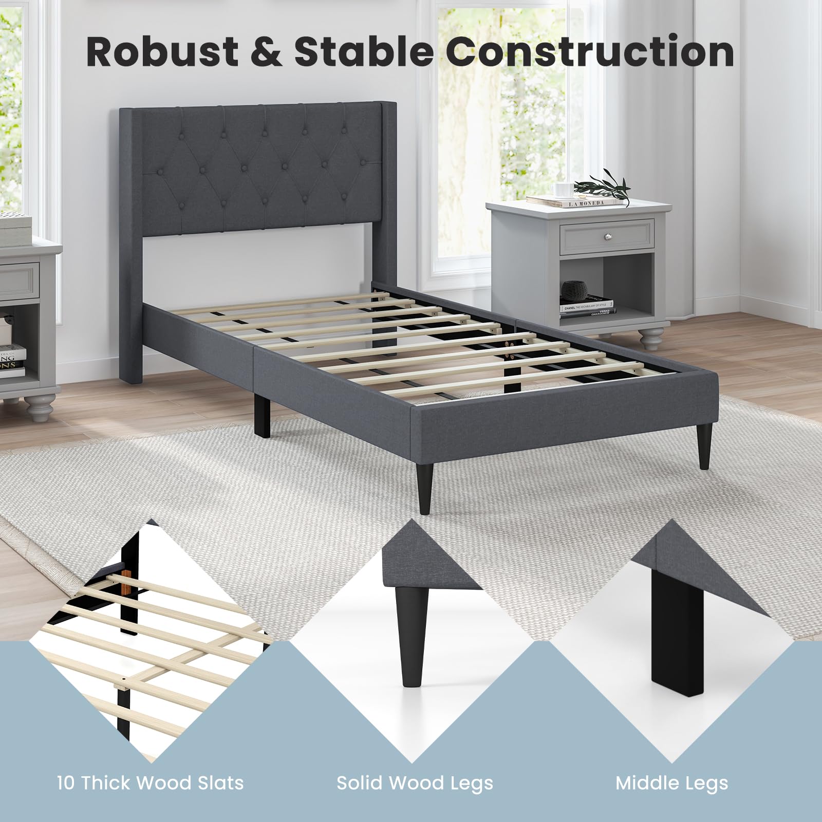 KOMFOTT Twin/Queen Size Upholstered Platform Bed with Button Tufted Wingback Headboard
