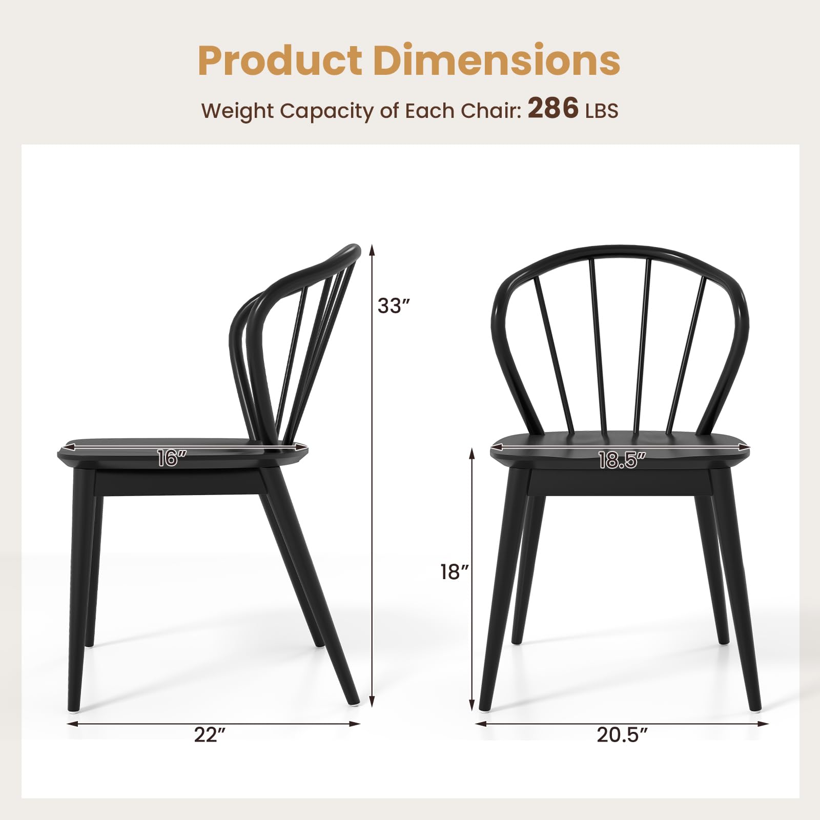KOMFOTT Wooden Dining Chairs Set of 2/4, Windsor Kitchen Chairs w/High Spindle Back & Rubber Wood Legs, Wide Seat & Curved Backrest