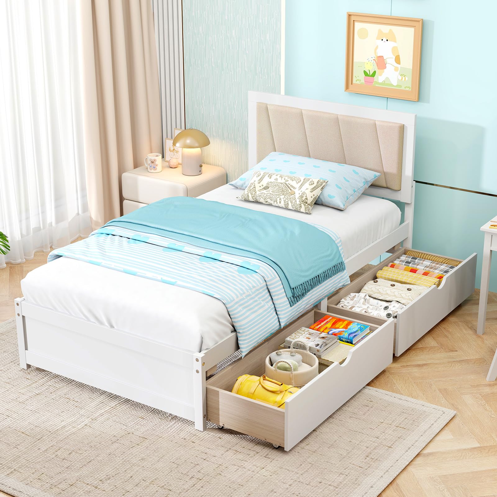 KOMFOTT Twin Bed Frame with 2 Storage Drawers(Twin)