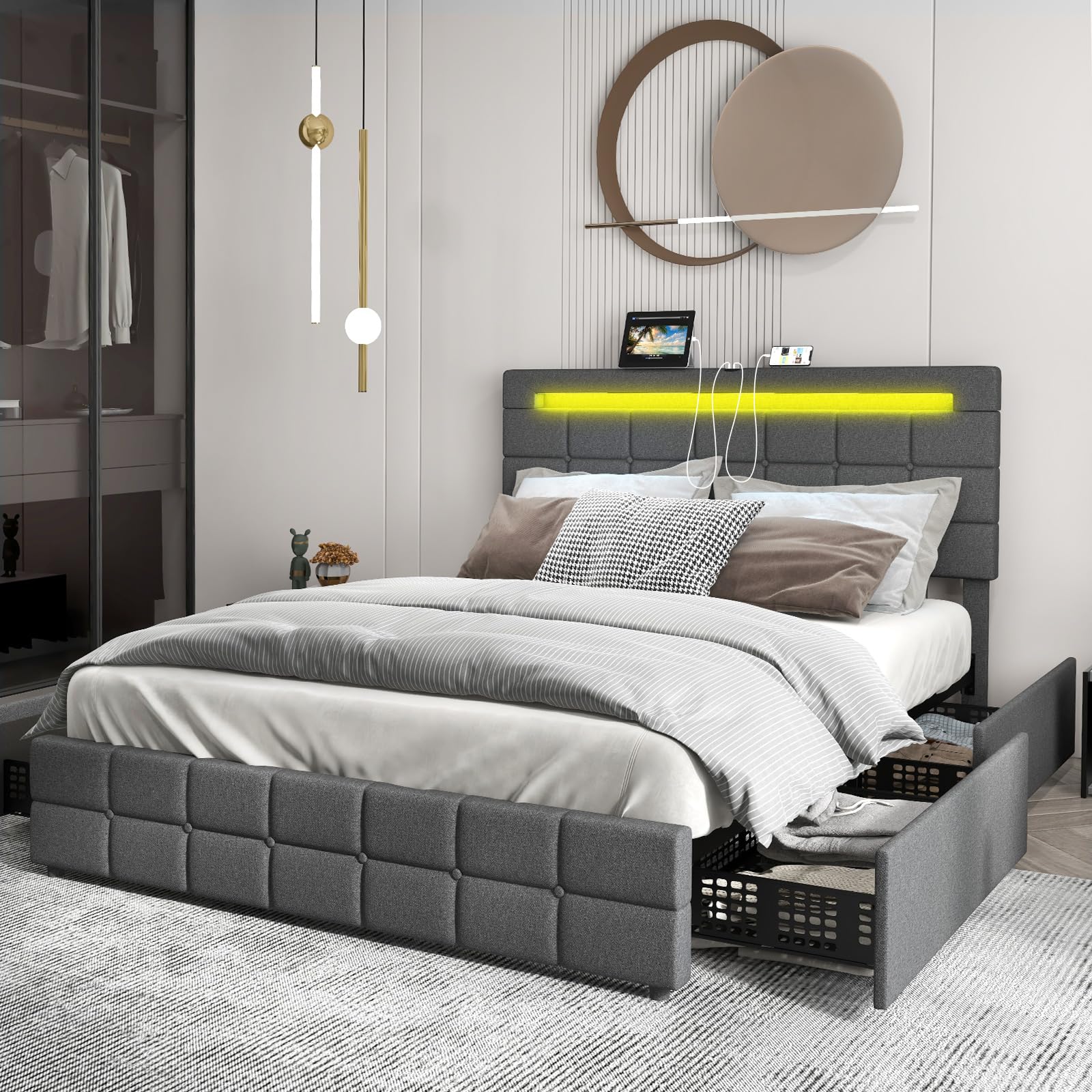 KOMFOTT Upholstered Bed Frame with LED Lights and 4 Drawers, Height Adjustable Headboard with USB Ports