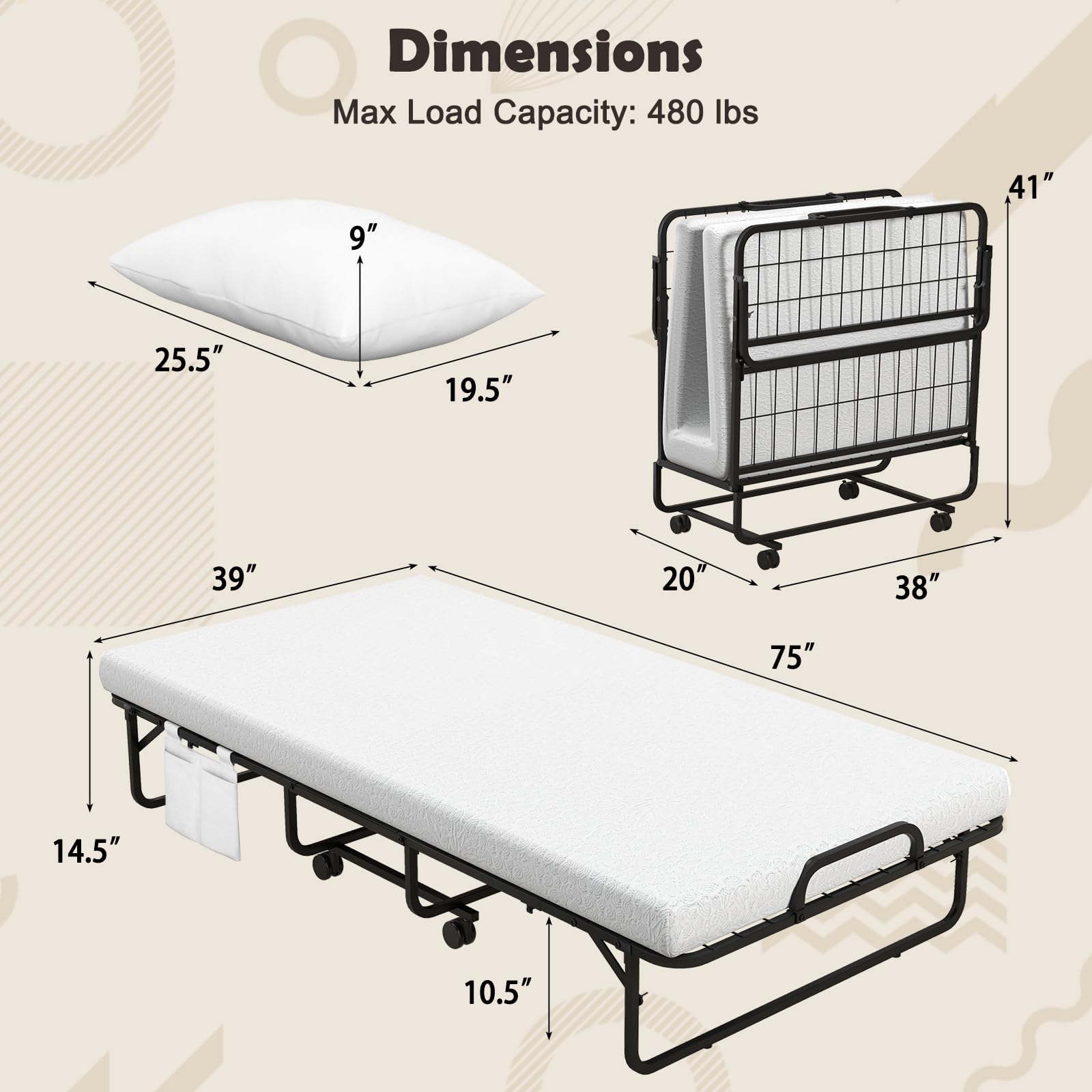 KOMFOTT Twin Size Folding Bed with Memory Foam Mattress & Pillow（75” x 39”）