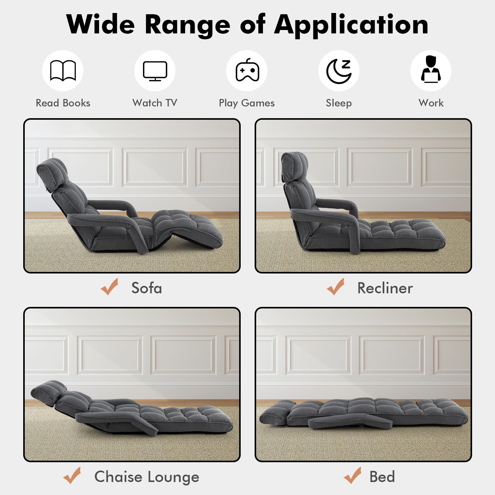 KOMFOTT Foldable Lazy Sofa Bed, 6-Position Adjustable Floor Chair Chaise Lounge with Armrest and Footrest